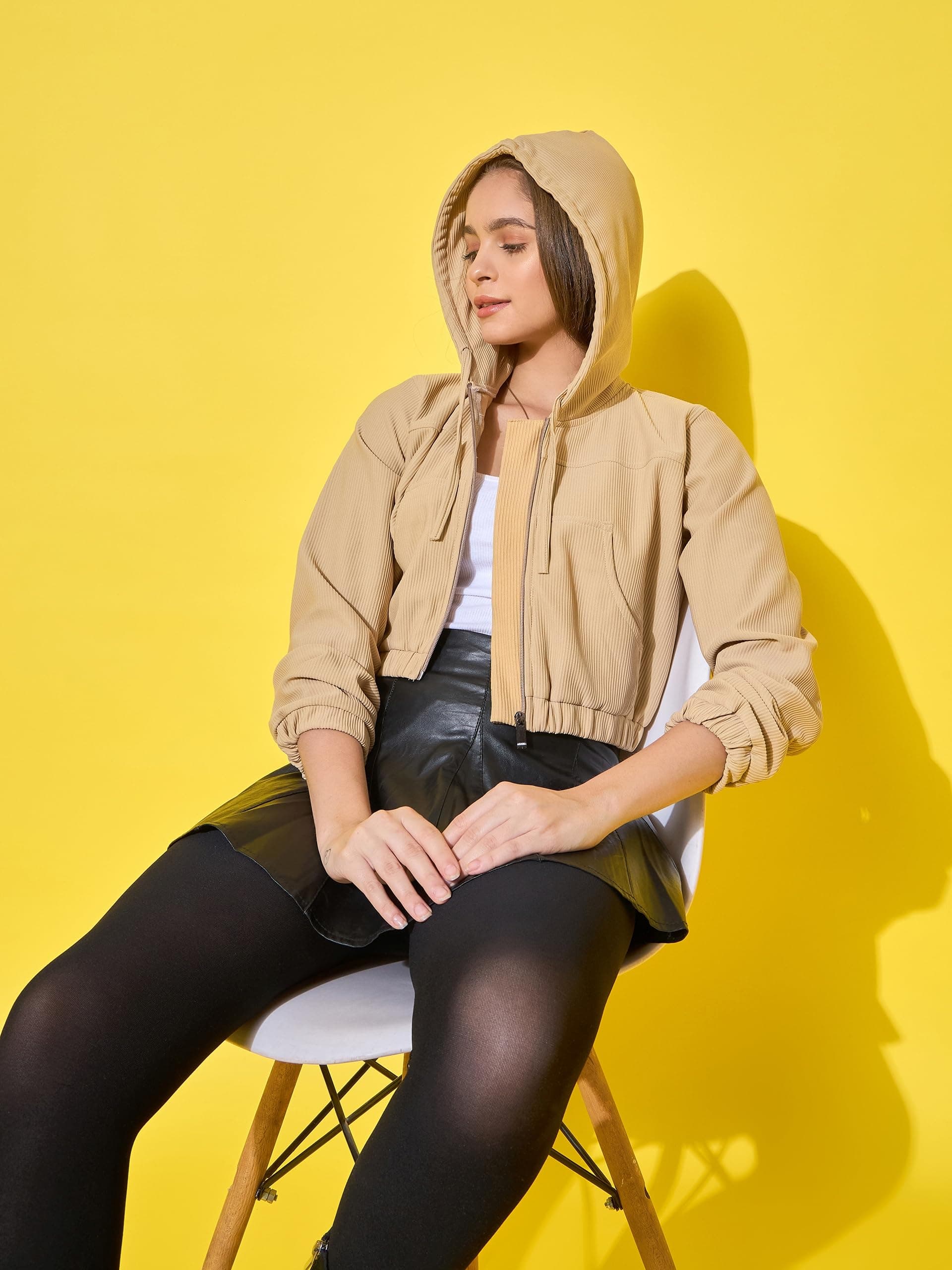 Buynewtrend Women's Cotton Ribbed Short Casual Hoodie Jacket with Front Zipper | Hooded Neck Girls Jackets