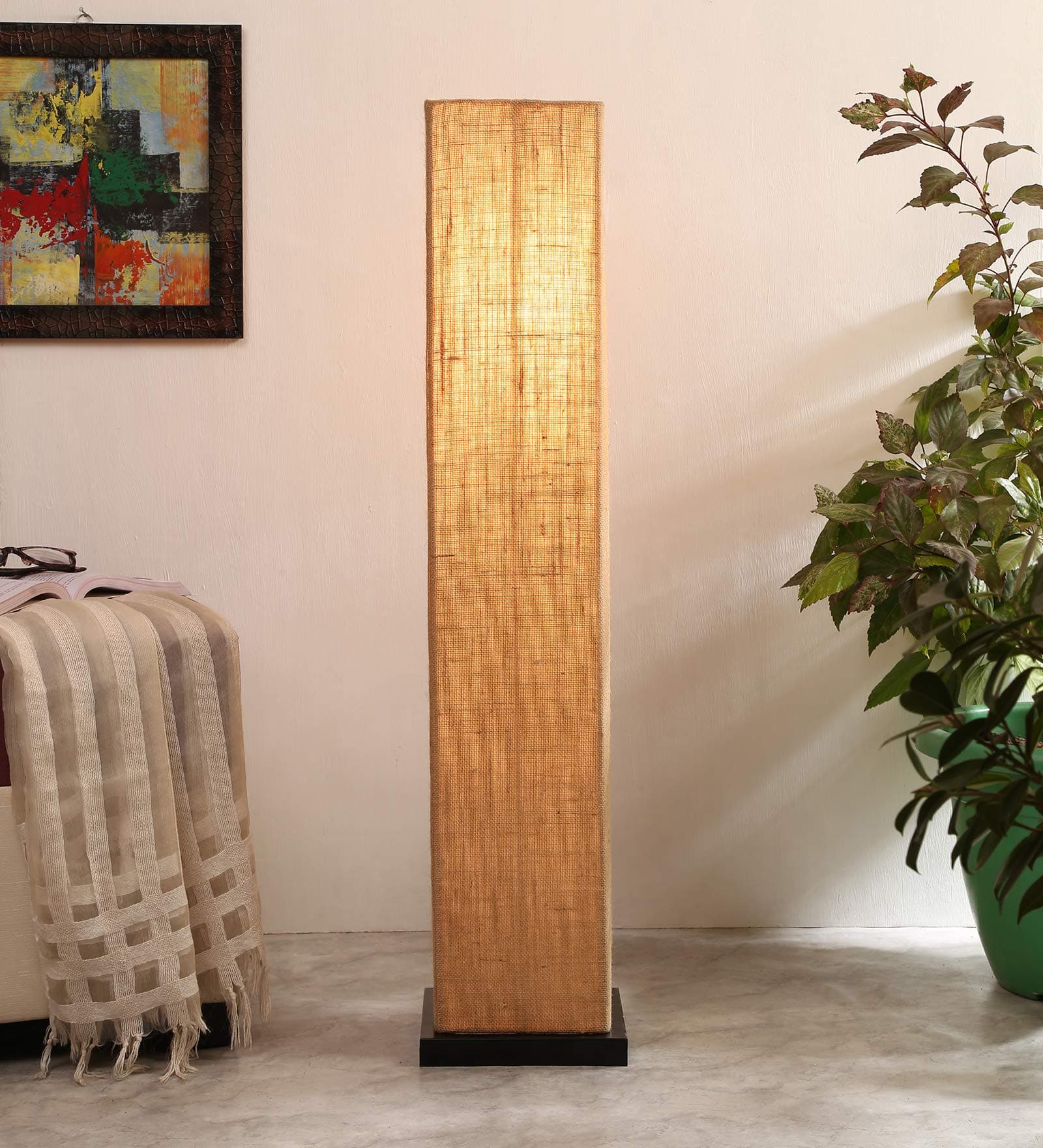 AMDHOME Jute Shade LED Floor Lamp, Standing Modern Round Iron Finish Base (33 Inch, Color - Beige) - for Bedside & Living Room, Bedroom | Home Decor, Hotel, Office Decoration | Perfect for Gifting