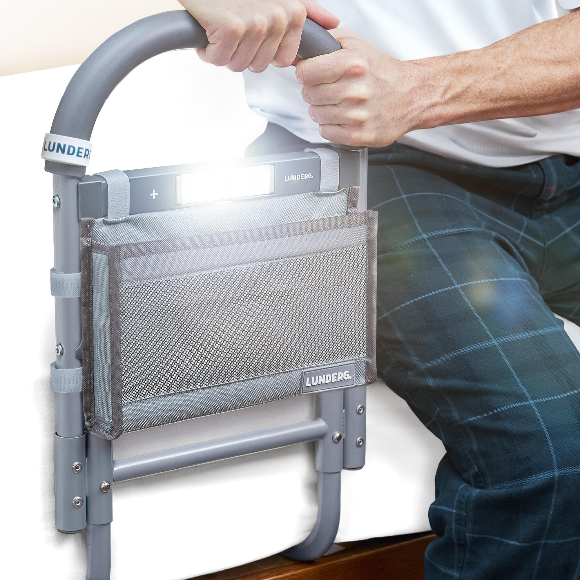 Lunderg Bed Rails for Elderly Adults Safety - with Motion Light & Storage Pocket - Bed Railings for Seniors & Surgery Patients - The Bed Cane Fits Any Bed & Makes Getting in & Out of Bed Much Easier