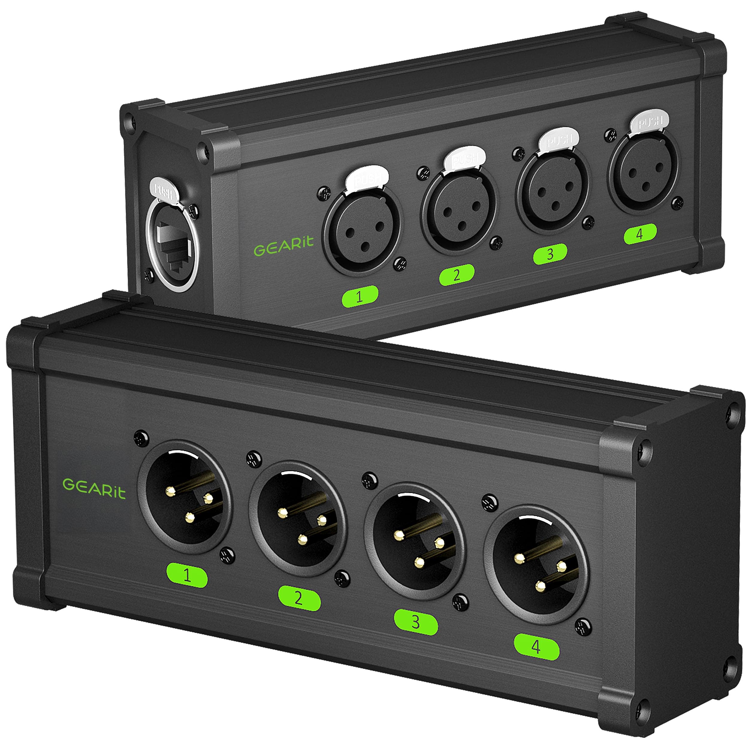 GearIT 4 Channel Multi Network XLR/DMX/AES-EBU To Ethercon-Compatible RJ45 Cat5/Cat6 Ethernet Extender for Live Stage, Sound, Lighting, Audio Recording Studio (1 Pair: 4 XLR Male + 4 Female)