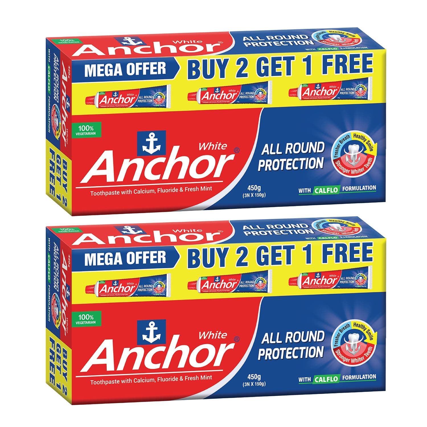 Anchor All Round Protection White Toothpaste 900g (450g x 2) with Free Premium Toothbrush | CALFLO Calcium & Fluoride Formula for Stronger & Whiter Teeth, Cavity & Germ Protection | 100% Vegetarian