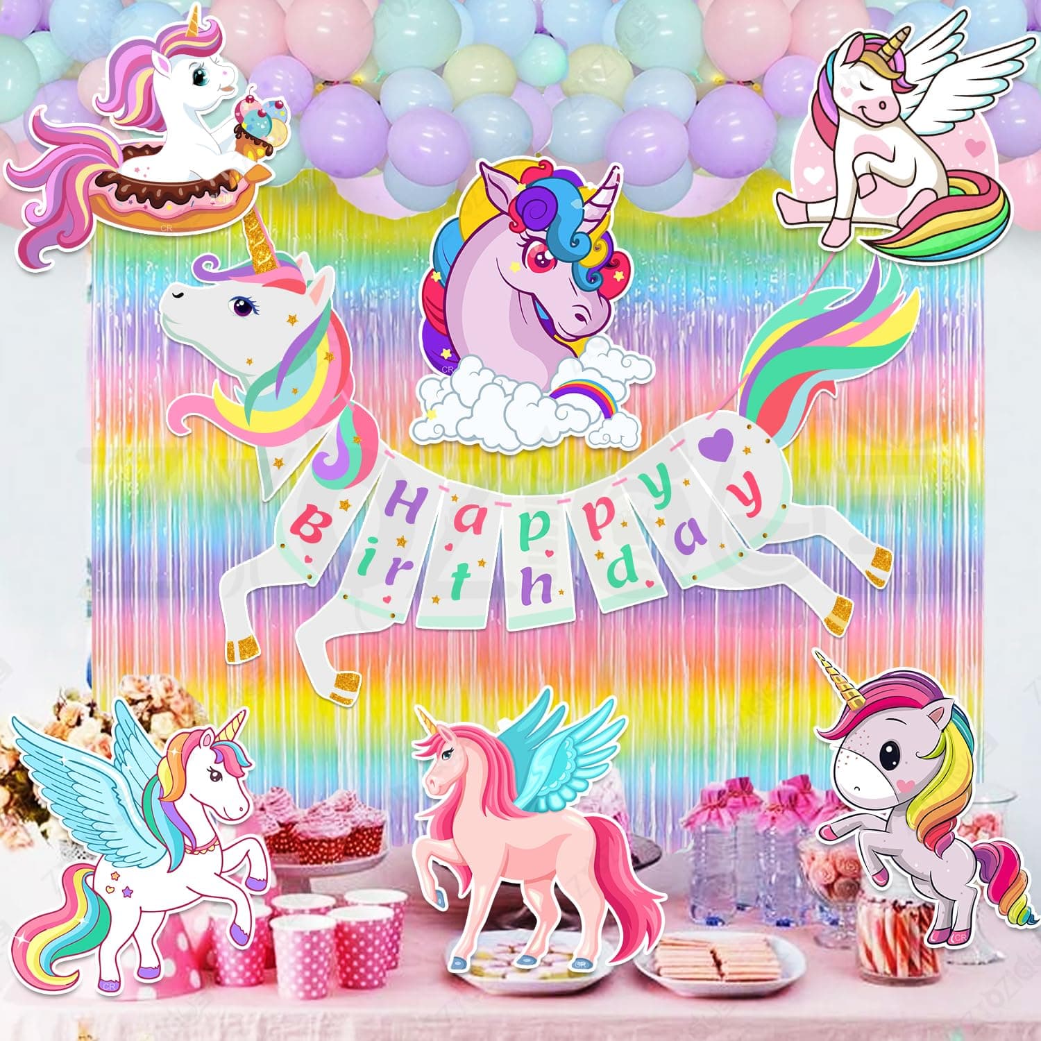 Zyozique Unicorn Theme Birthday Decoration Items| Party Decorations - Paper Banner,Balloons,Multi Foil Curtains, Cardstock, Glue Dot & Ribbon (Pack Of 41)