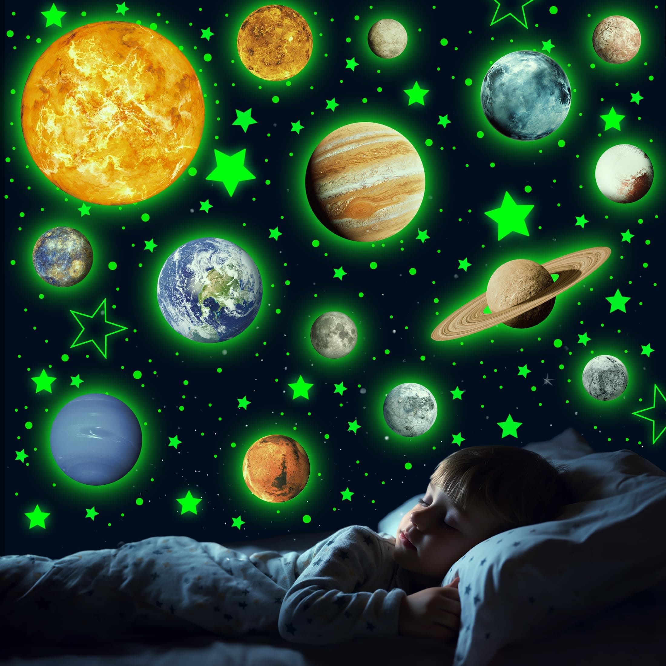 Robmoda Solar System Wall Stickers Glow in the Dark Stars Luminous Planets Stickers for Ceiling Nursery Wall Stickers for Bedroom Nursery Decorations (Green) 780 Pieces