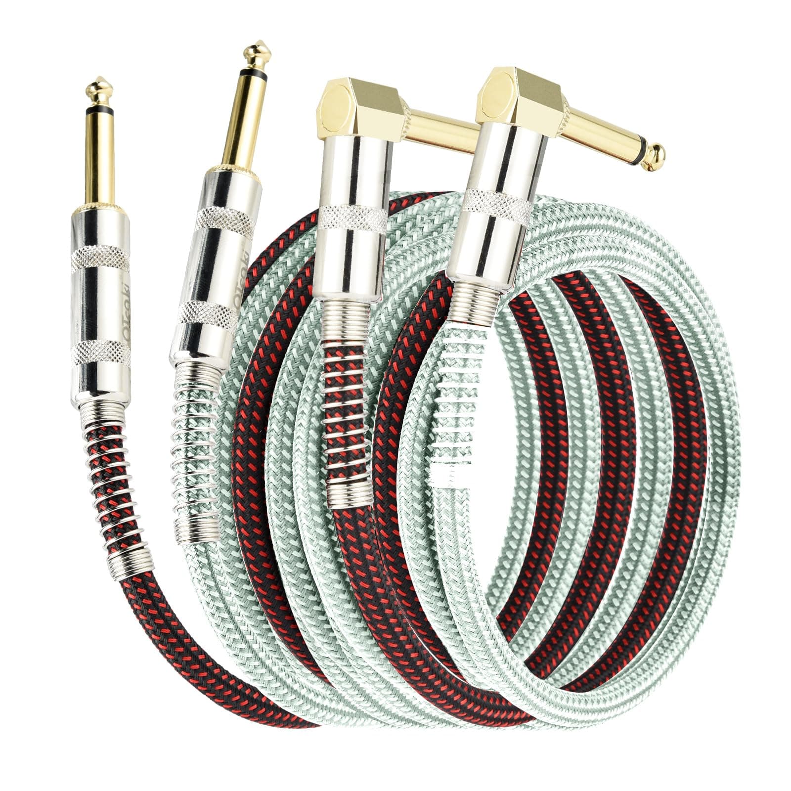 OTraki 2 Pack Instrument Cables 3FT Electric Guitar Cord 1/4 Inch Straight to Right Angle Gold Plated 6.35mm TS Plug 1M Nylon Connect Cable for Guitar Bass Drum Audio Device