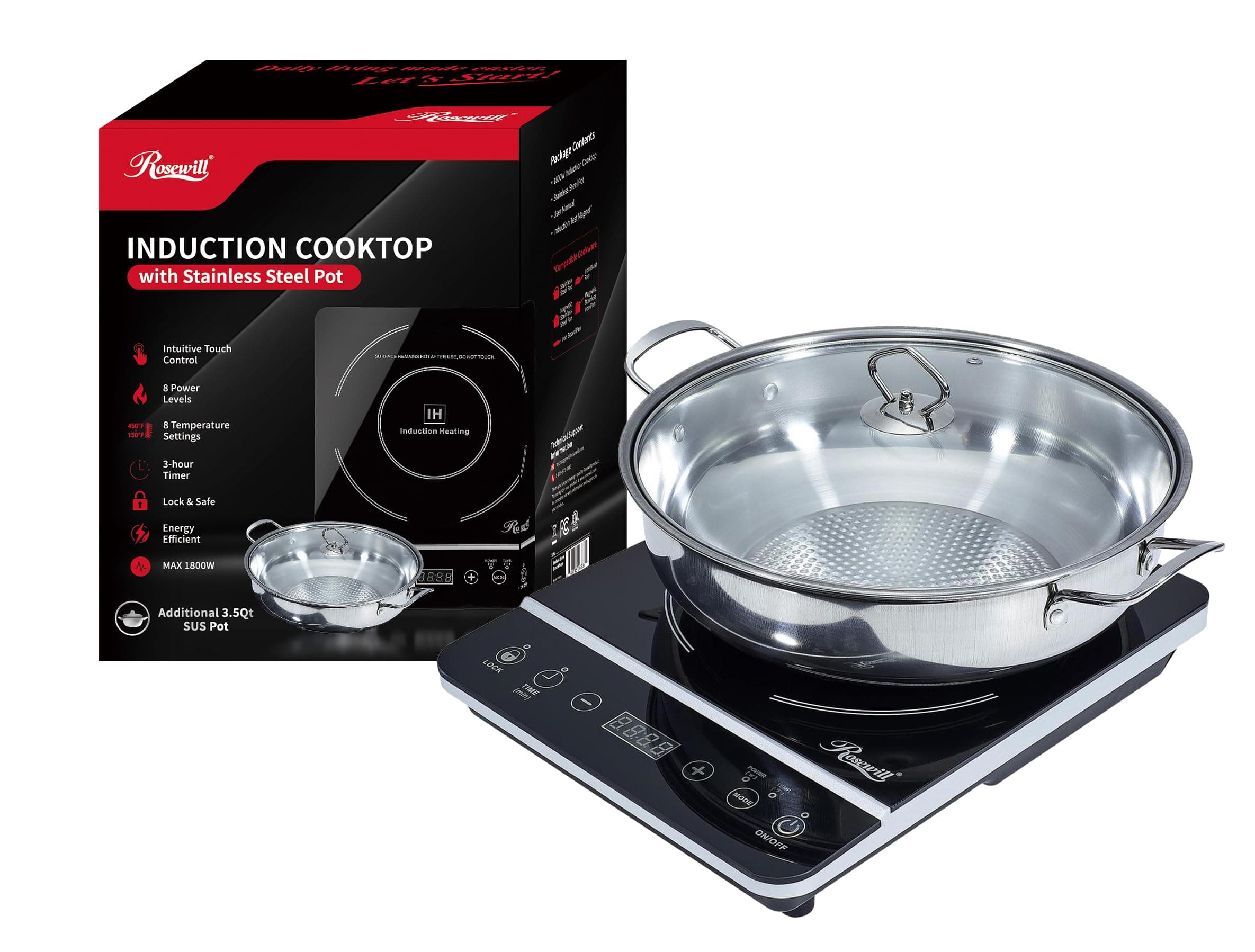 Rosewill 1800W Induction Cooker Cooktop with Stainless Steel Pot