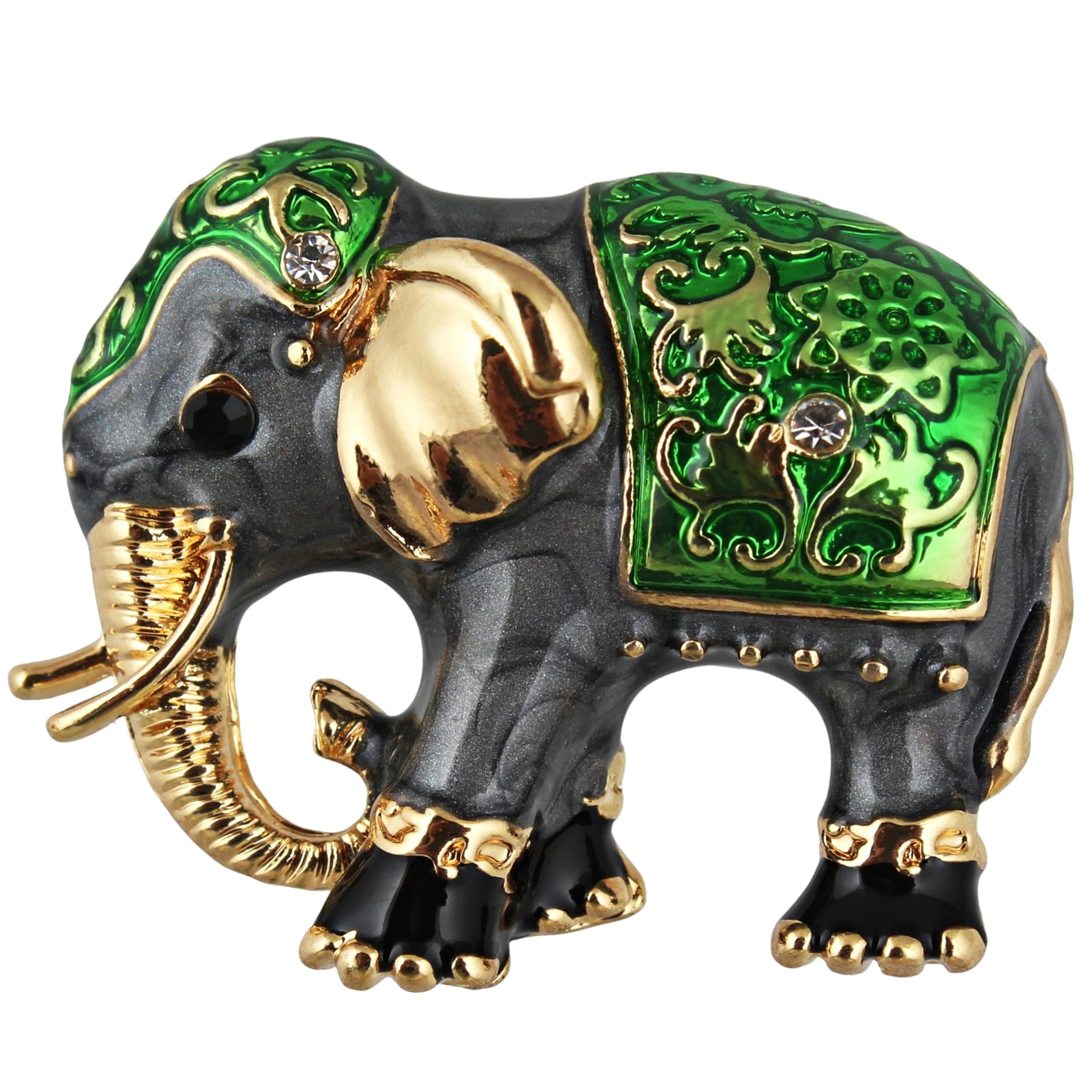LUCKY JEWELLERY Designer Gold Plating Elephant Green Meenakari Enamel Brooch Saree Pin For Men & Women (150-CHOM1-1179)