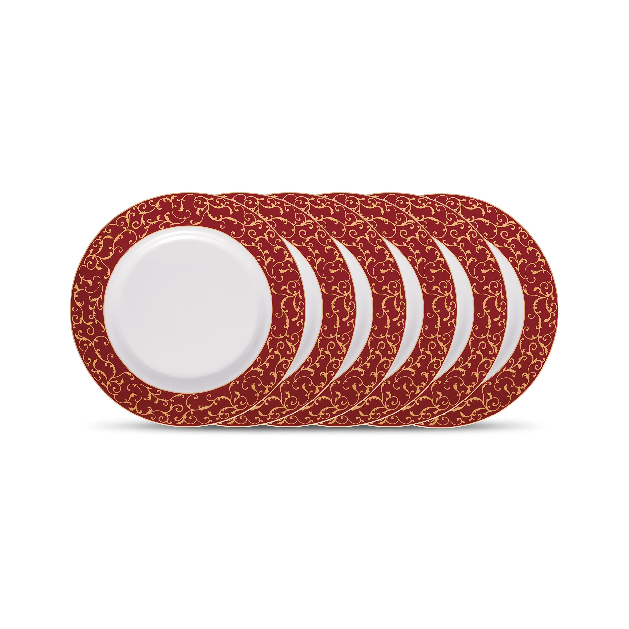 La Opala Diva Sovrana Collection Opal Glass Crockery | Full Plate Set of 6 Anassa Red | Dinner Plate for Dining & Gifting | Microwave Safe | 100% Vegetarian | Extra Strong | Super Light & White