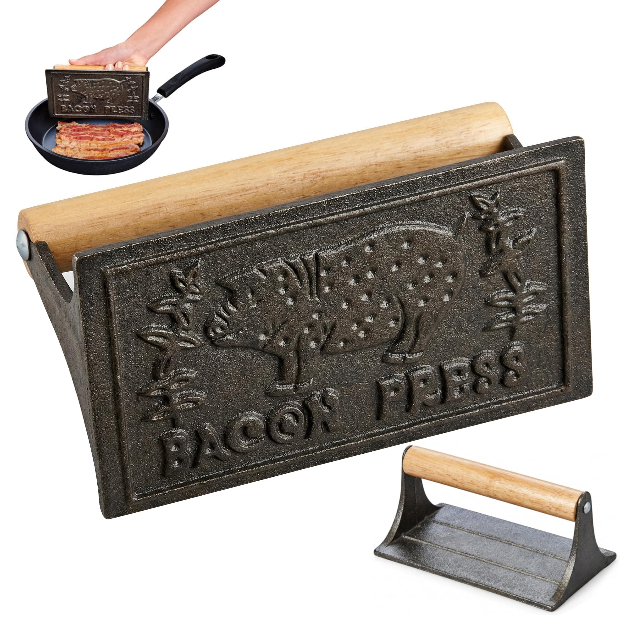 HIC Rectangular Bacon Press and Steak Weight, Heavyweight Cast Iron with Wooden Handle, for Grill Panini Burgers Bacon and Sausage