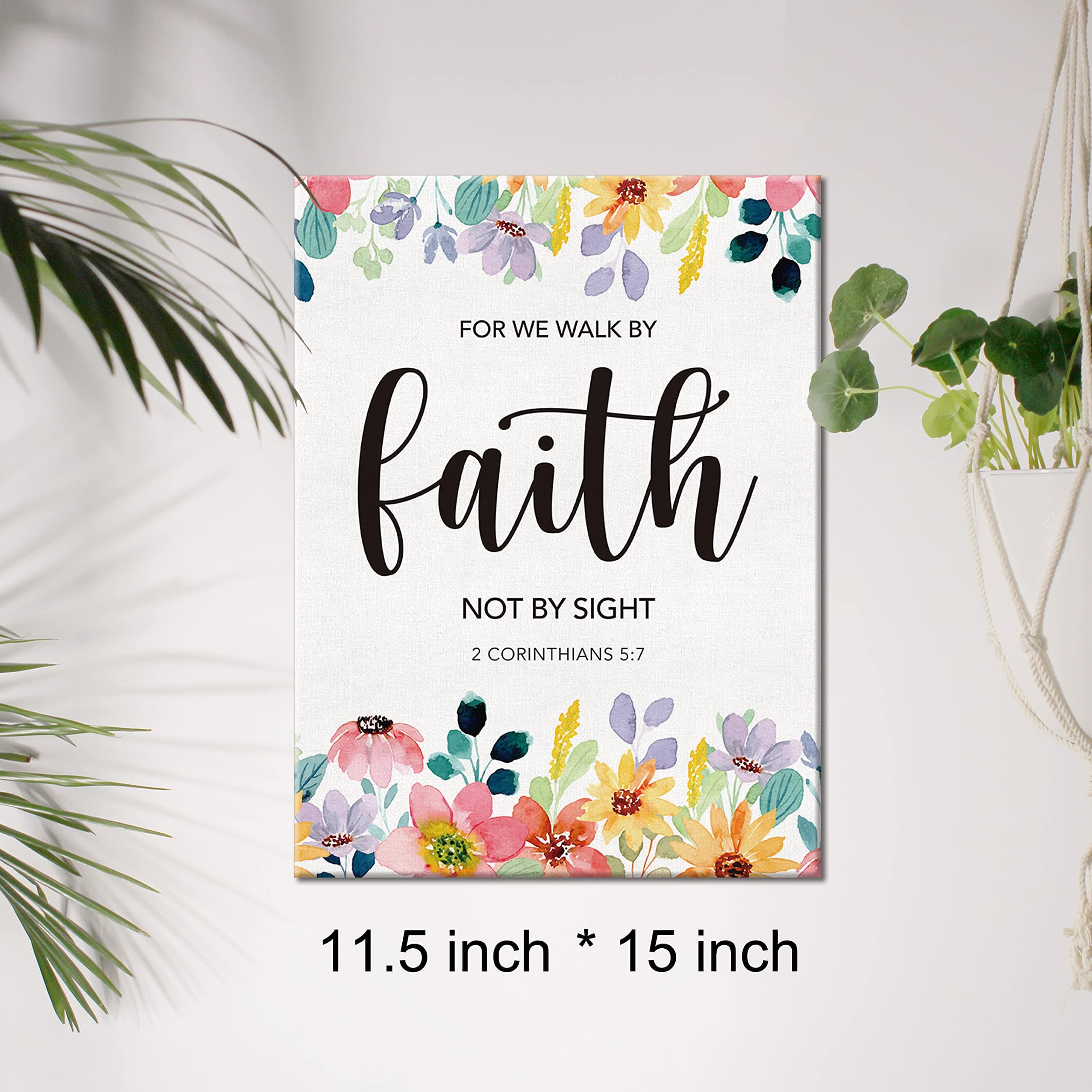 Christian Canvas Wall Art Motivational for We Walk by Faith Not by Sight Canvas Print Floral Scripture Bible Verse Painting Home Wall Decor Framed Gift 12x15 Inch
