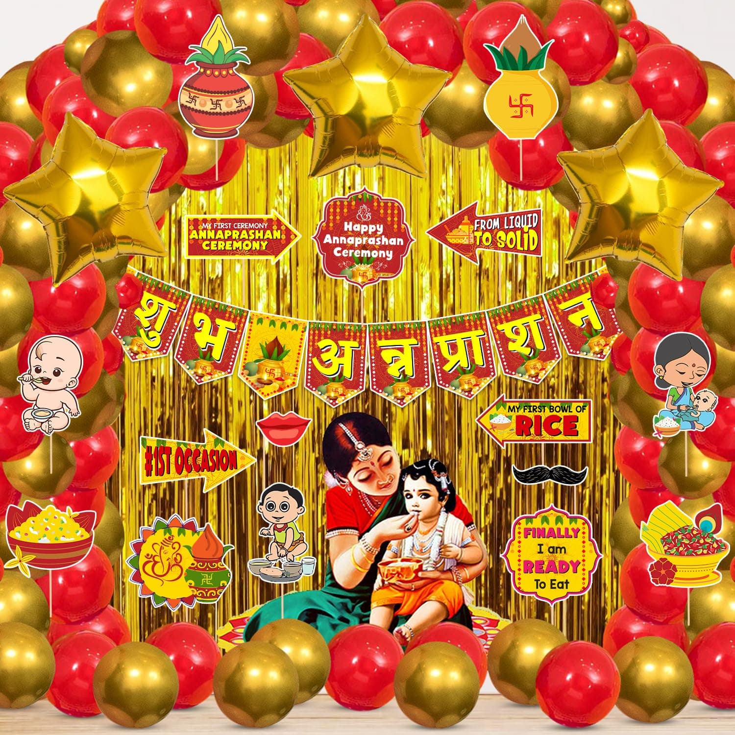 Zyozique Shubh Annaprashan Decorations Item | Annaprasanam Decorations Kit - Paper Banner, Balloons, Star Foil Balloons, Photo booth Props (Pack of 54)