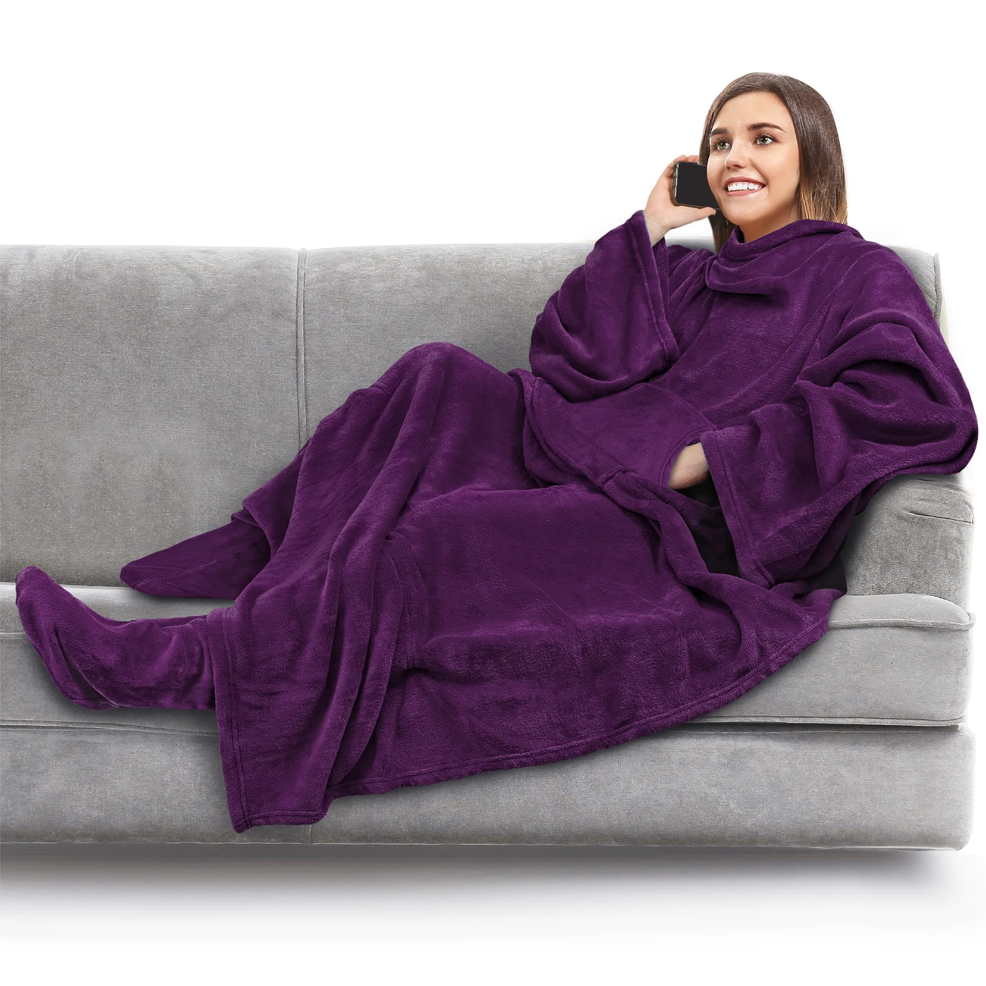 PAVILIA Fleece Blanket with Sleeves and Foot Pockets for Women Men Adult, Wearable Blanket Throw Wrap, Warm Cozy Extra Soft Sleep Hug Blanket with Feet, Gift for Women Mom (Dark Purple)