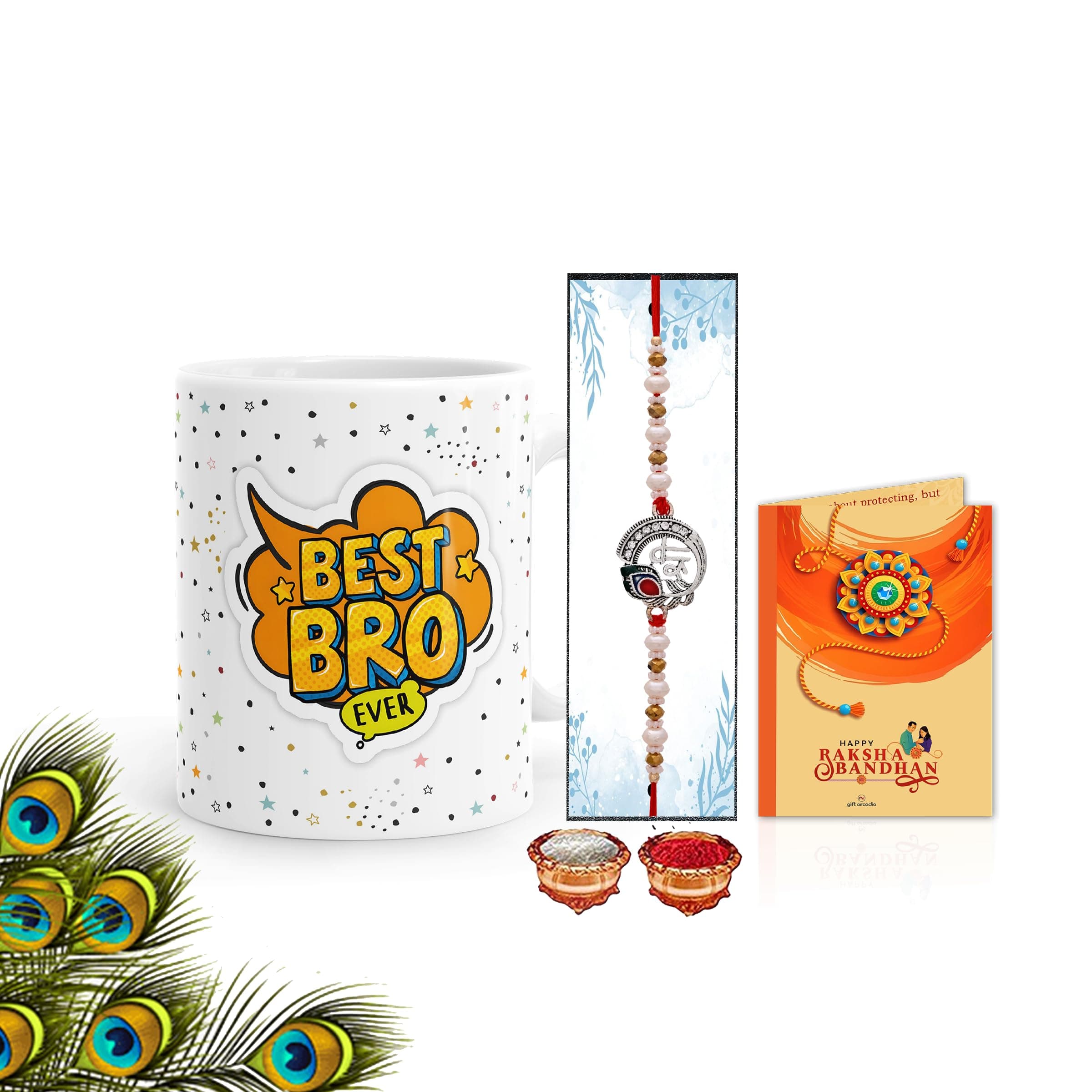 Gift Arcadia Rakhi for Brother with Printed Ceramic Mug330ml | Best Rakhi Gift for Brother, Kids, Cup, Rakhi with Mug, | Combo Pack of 4 (Roli Chawal, Rakhi, Printed Mug,)