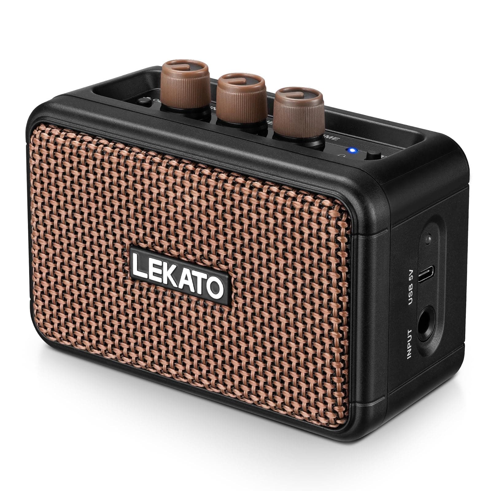 LEKATO Mini Guitar Amplifier, Dual Speakers 5W, Rechargeable Electric Guitar Amp Bluetooth with Clean Overdrive, 6H Working, Headphone Jack, Portable Small Amp for Practice AG-04 (Brown)