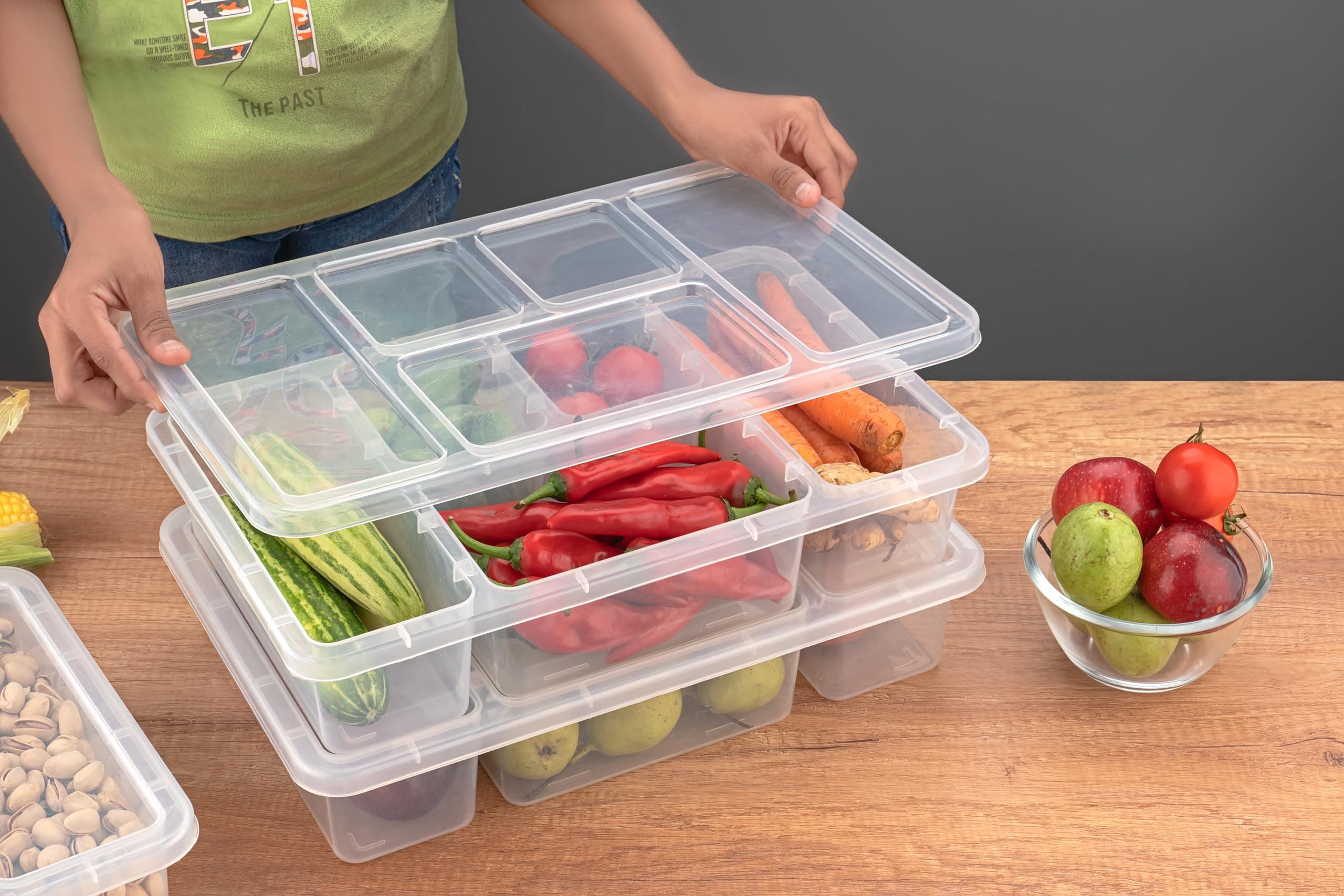 Clazkit Plastic Veggie Tray with Lid – 5 Compartment Food Storage & Serving Container | Fridge Storage Box | Large Transparent Snackle Box for Fruits, Vegetables, Salads, Meals |BPA-Free (Pack of 1)