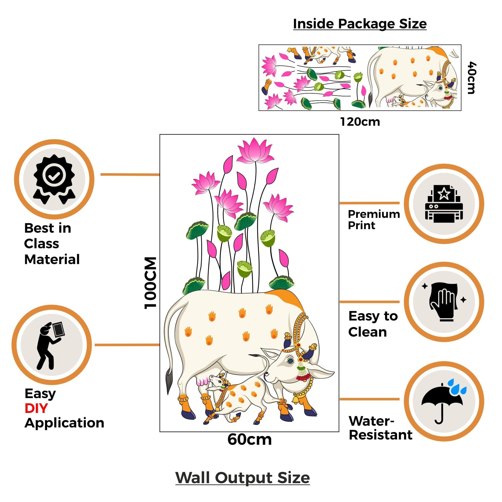 Rawpockets Kamadhenu Cow and Calf with Lotus Self Adhesive Wall Sticker