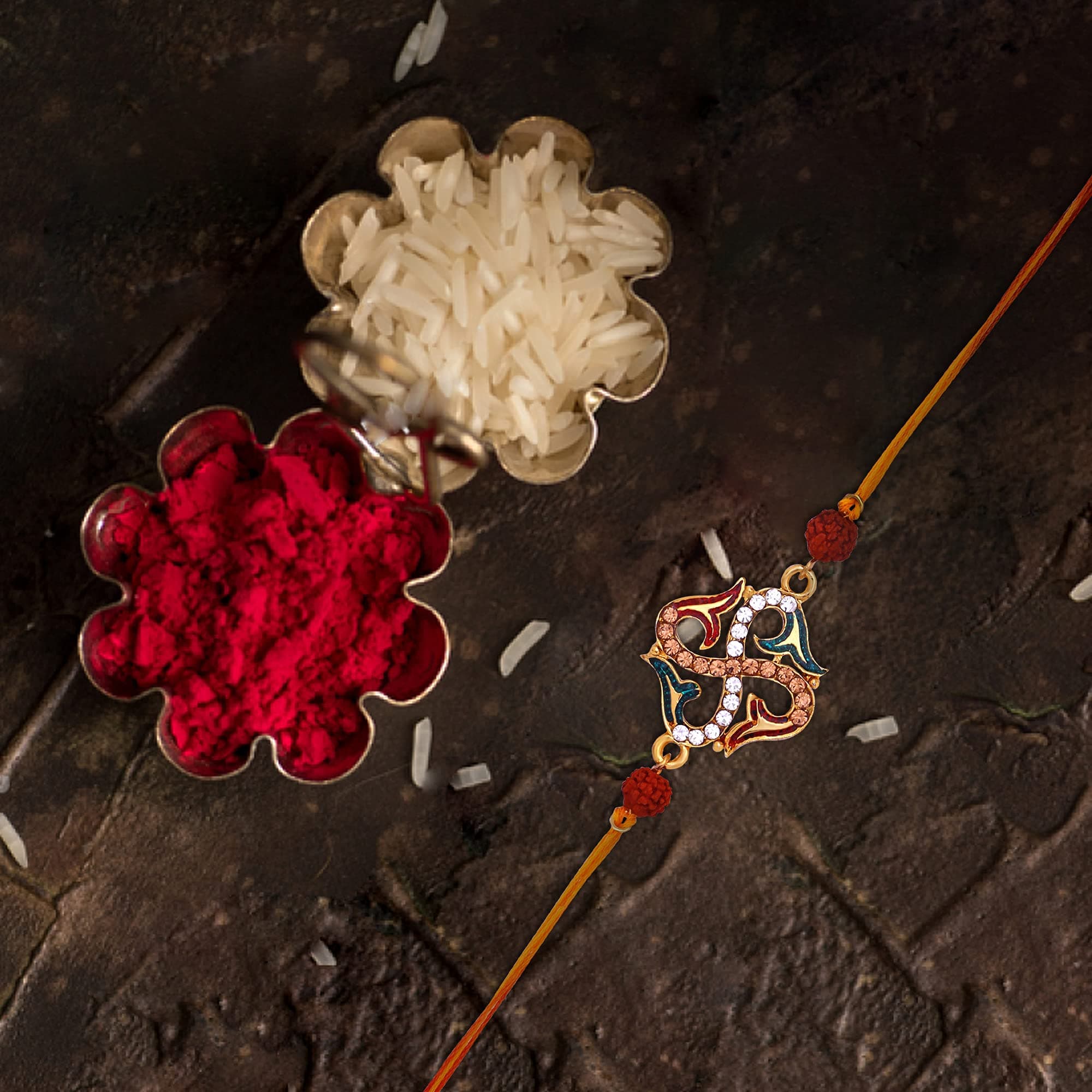 Mahi Religious Swastik Rudraksha Rakhi with Brown and White Crystals for Bhaiya (RA1100637G)