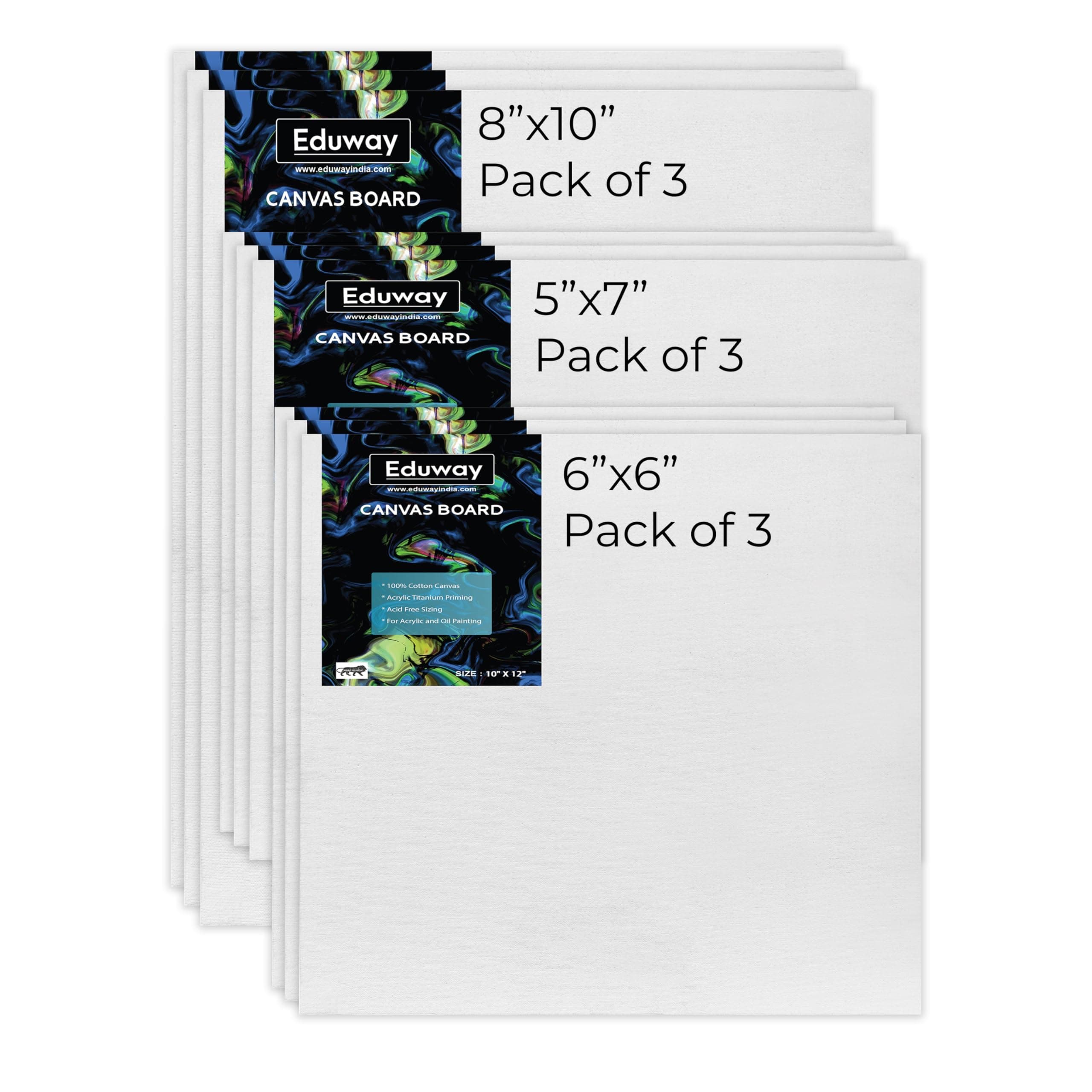 Eduway® Canvas Board for Painting- (8X10 | 5x7 | 6X6) 3 pcs each | Premium Quality 7Oz Pre-Primed Cotton Canvas Board for Artists & Beginners | Ideal for Acrylic, Oil, Gouache, Pastels Colors ( Pack of 9)