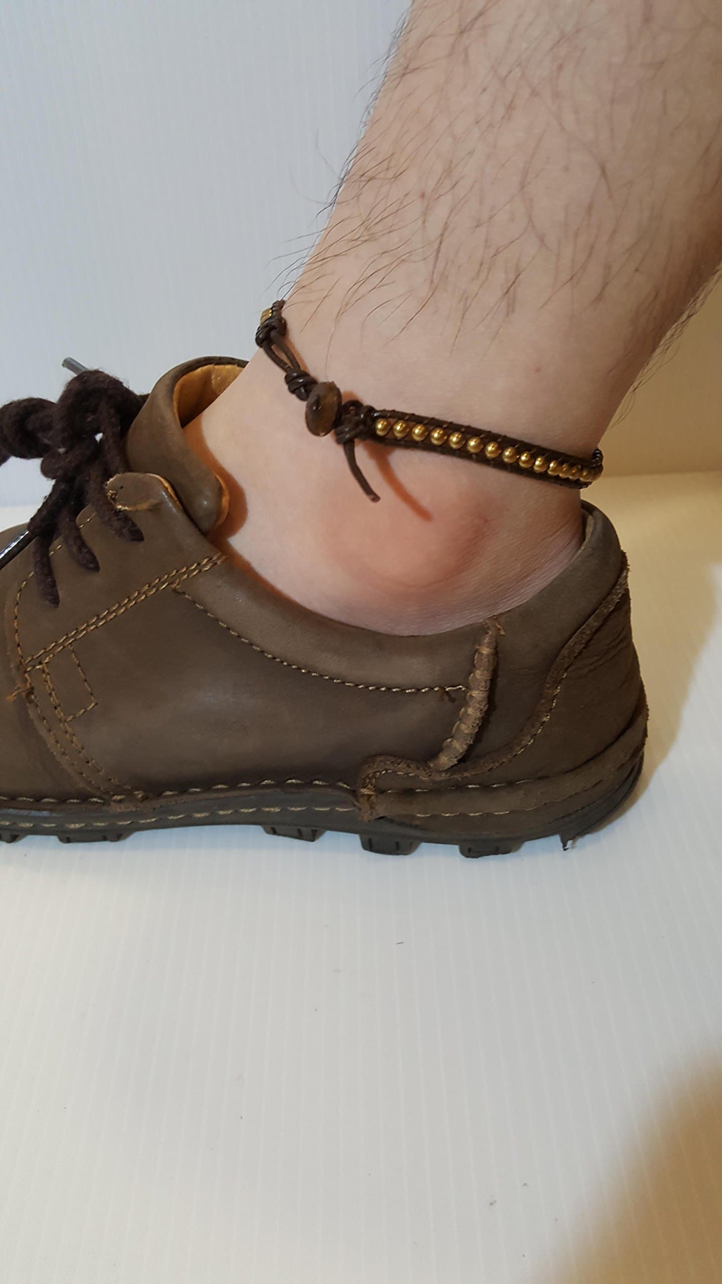Men Anklet Round Brass Bead Ankle bracelet 10-10.5 inches woven Leather cord beautiful handmade hippie bohemian by Infinityee