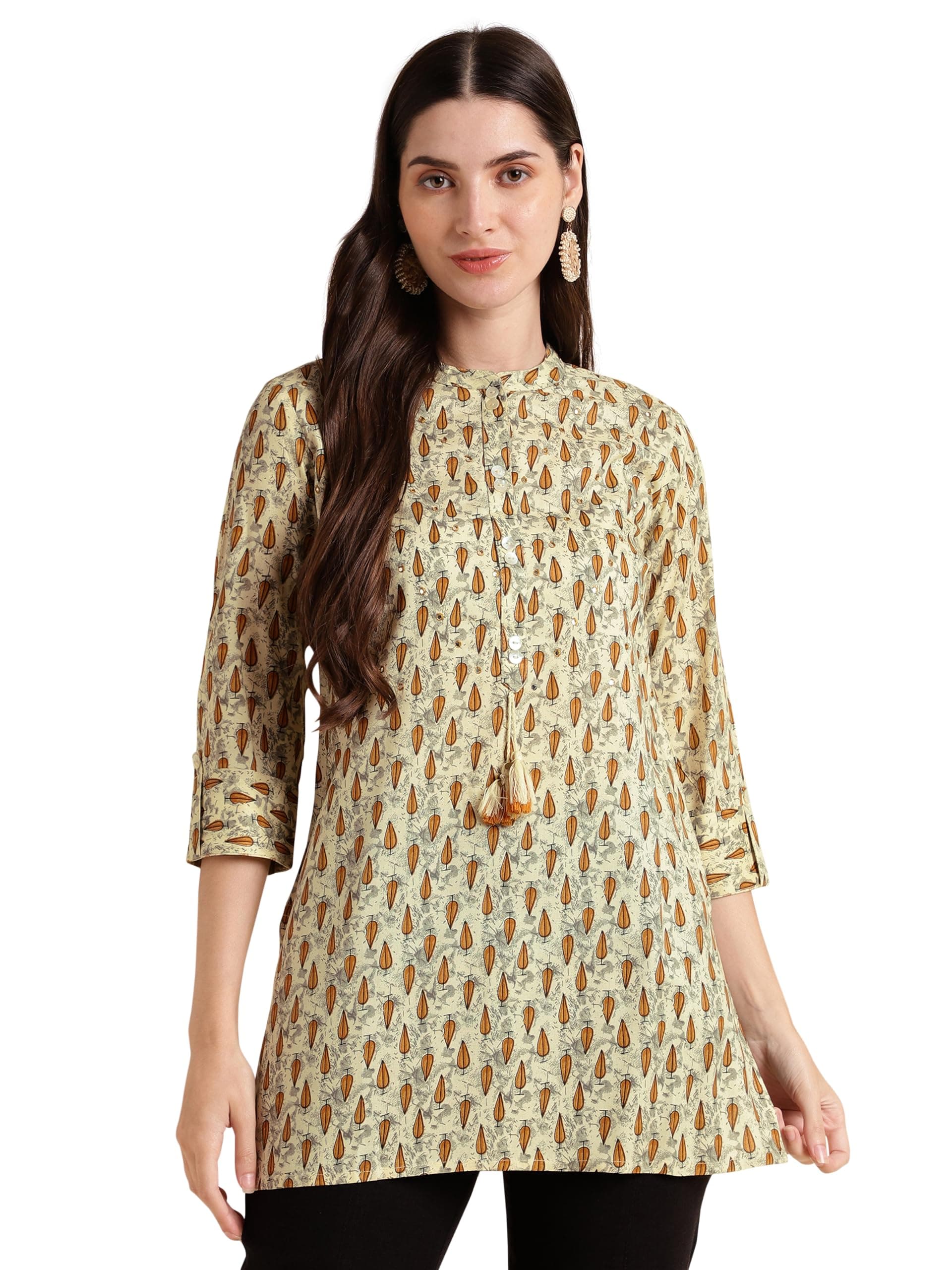 MIRCHI FASHION Women Rayon Mirror Embroidery Tunic Only (MK9652 - Off White, Brown - XL)