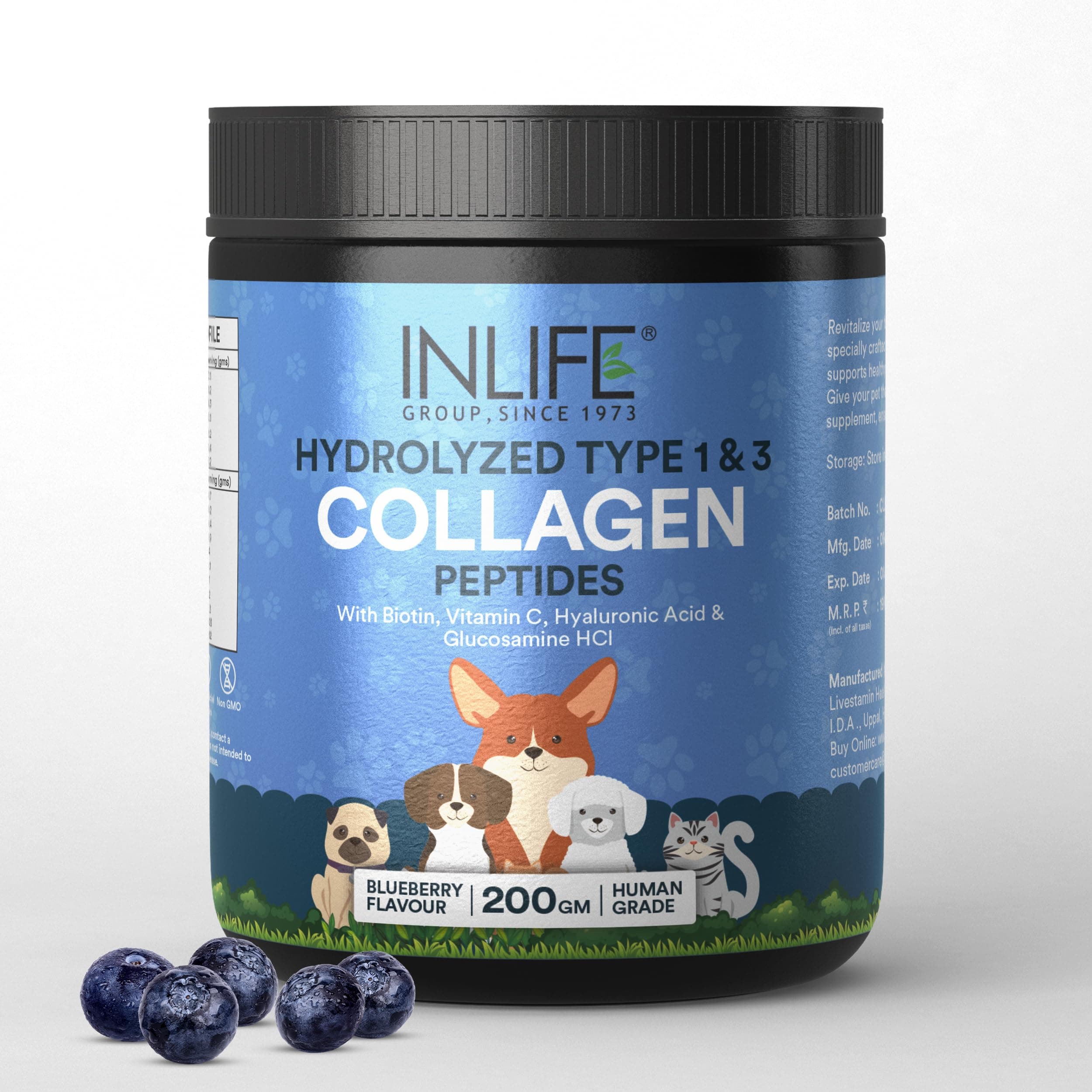 INLIFE Collagen for Dogs & Cats | Hydrolyzed Collagen Powder for Skin, Coat & Joints | Clinically Proven Ingredient with Biotin, Vitamin C, Hyaluronic Acid & Glucosamine | Pet Supplement
