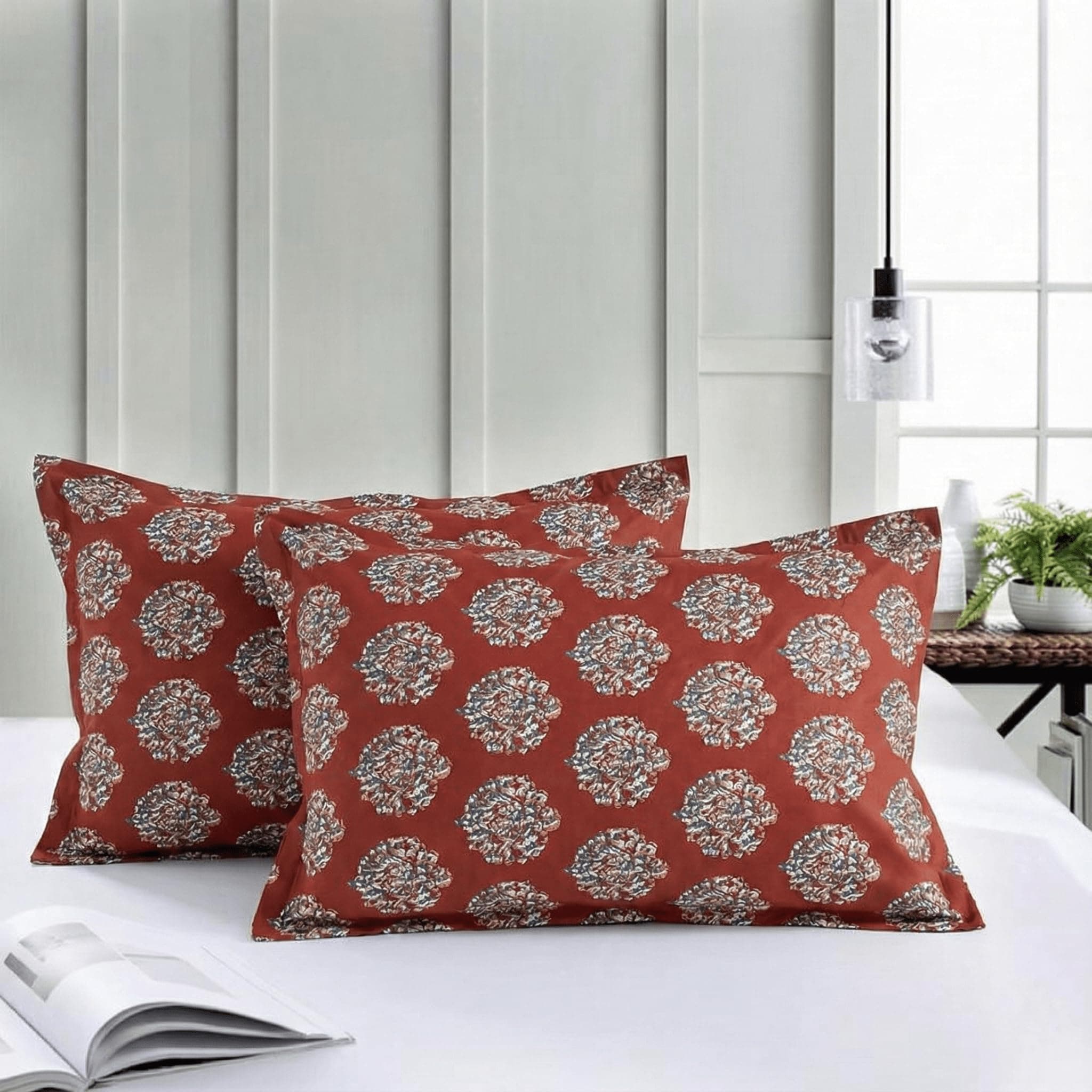 Trance Home Linen 200 TC 100% Cotton Printed Pillow Covers | Pillow Cases | Set of 2 Piece Pillow Covers only |Standard Size (Damask Clay Red, 18 X 28 inch)