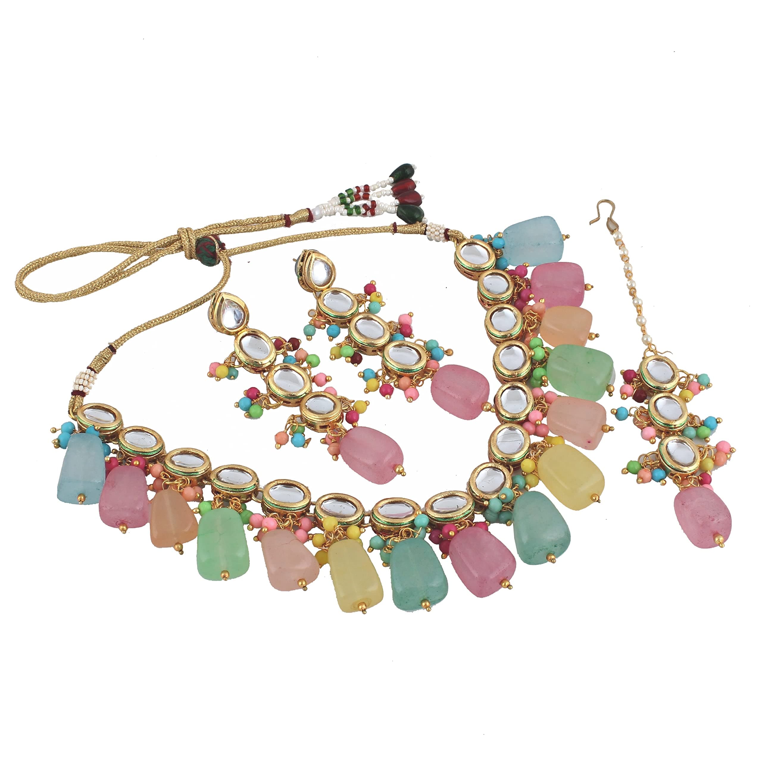 Lucky Jewellery Back Meenakari 18k Gold Plated Multicolor Tika Earring Combo Jewellery Set Faux Dibbi Kundan Choker Necklace Set for Girl's & Women