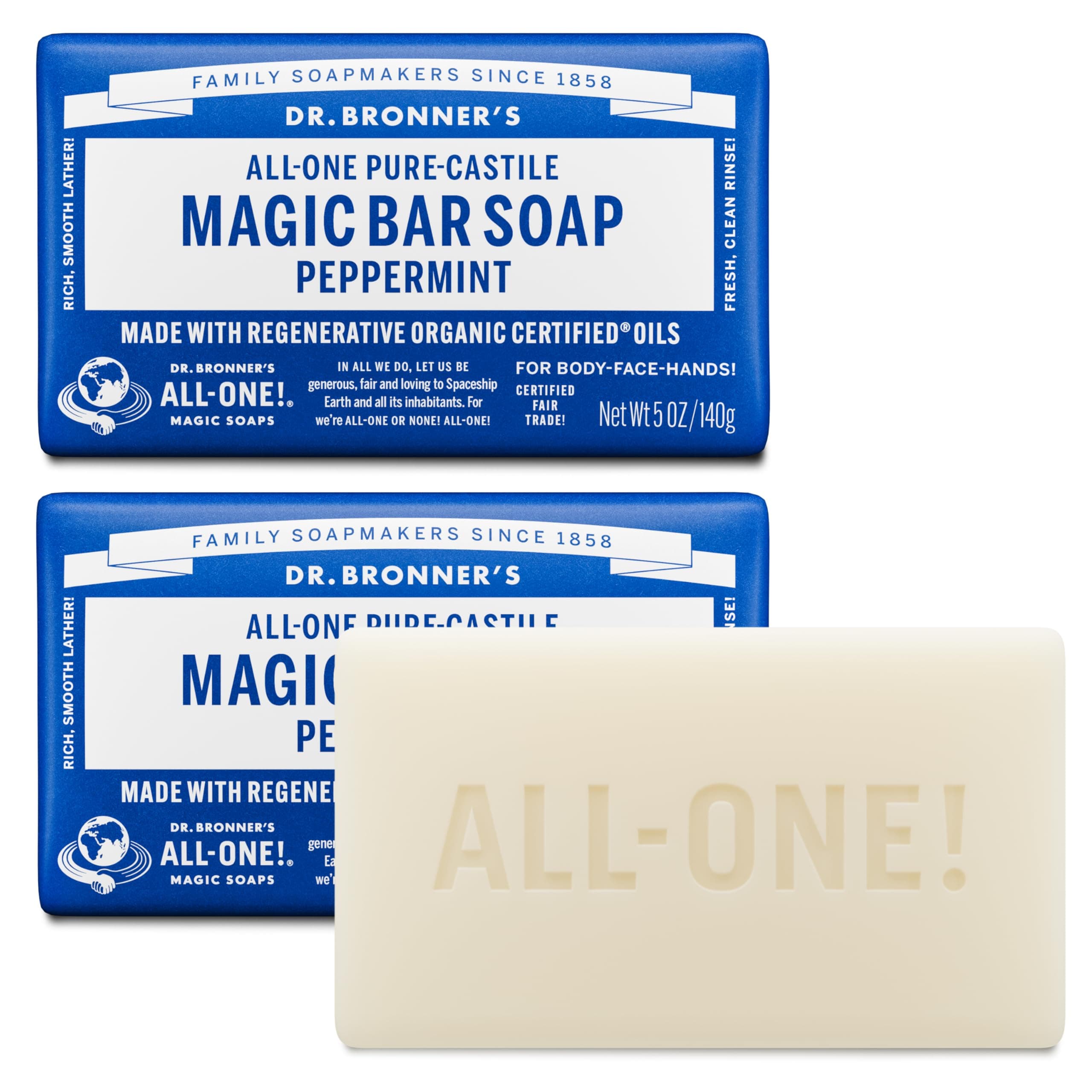Dr. Bronner's Organic Pure Castile Bar Soap, Peppermint, 5 oz, 2 pk