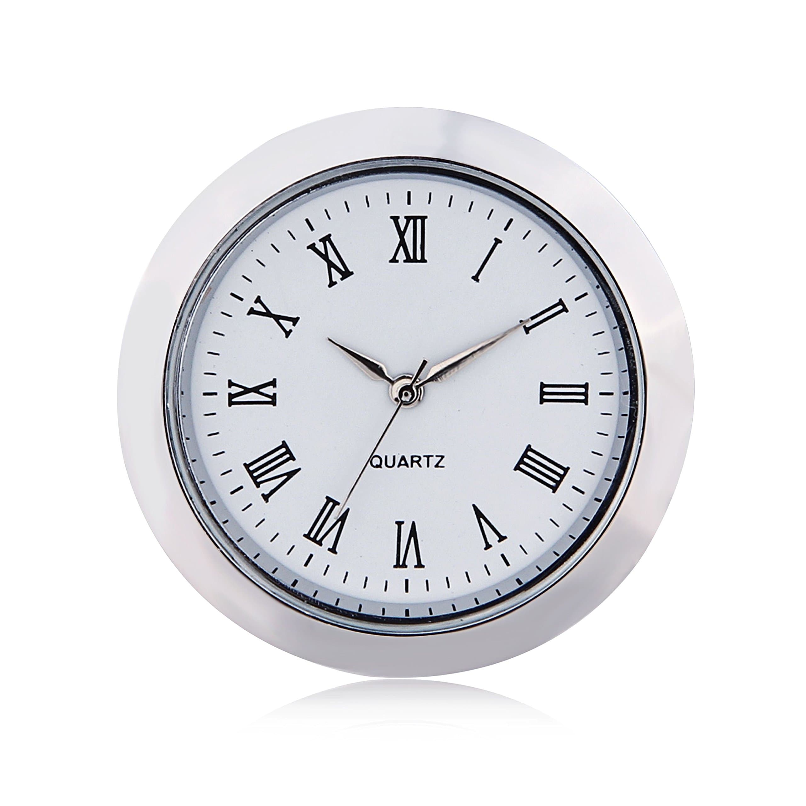 Shoppewatch Mini Clock Insert Quartz Movement Round 1 7/16" (35mm) Miniature Clock Fit Up White Face Silver Tone Bezel Roman Numerals Ck097sl