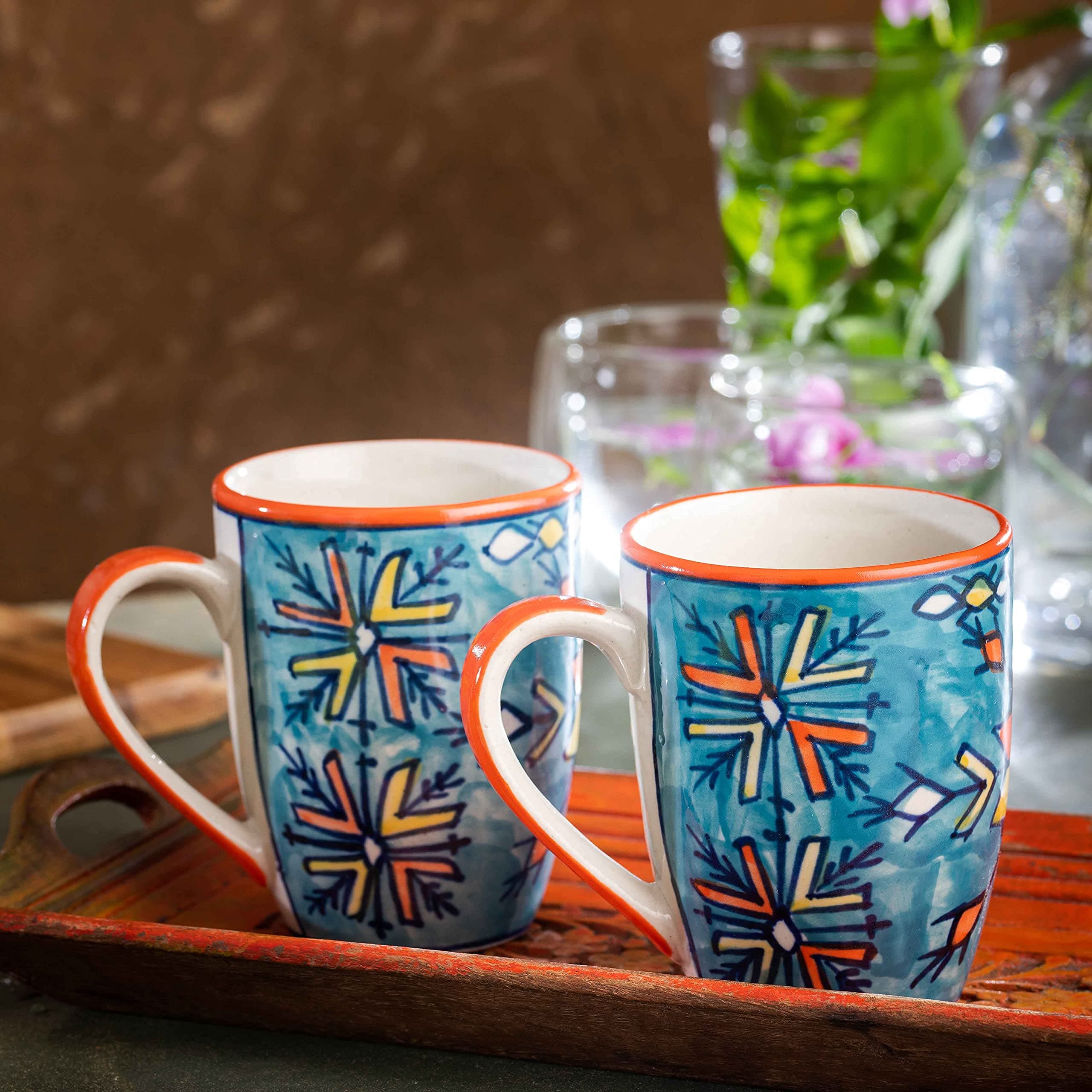 HS HINDUSTANI SAUDAGAR Kalamkari Charm Coffee Mug Set of 2 (275 ML Each) Microwave Safe Coffee Mugs Ceramic Milk Mug Ceramic Tea Mug Set Handmade Cup Best for Gift.