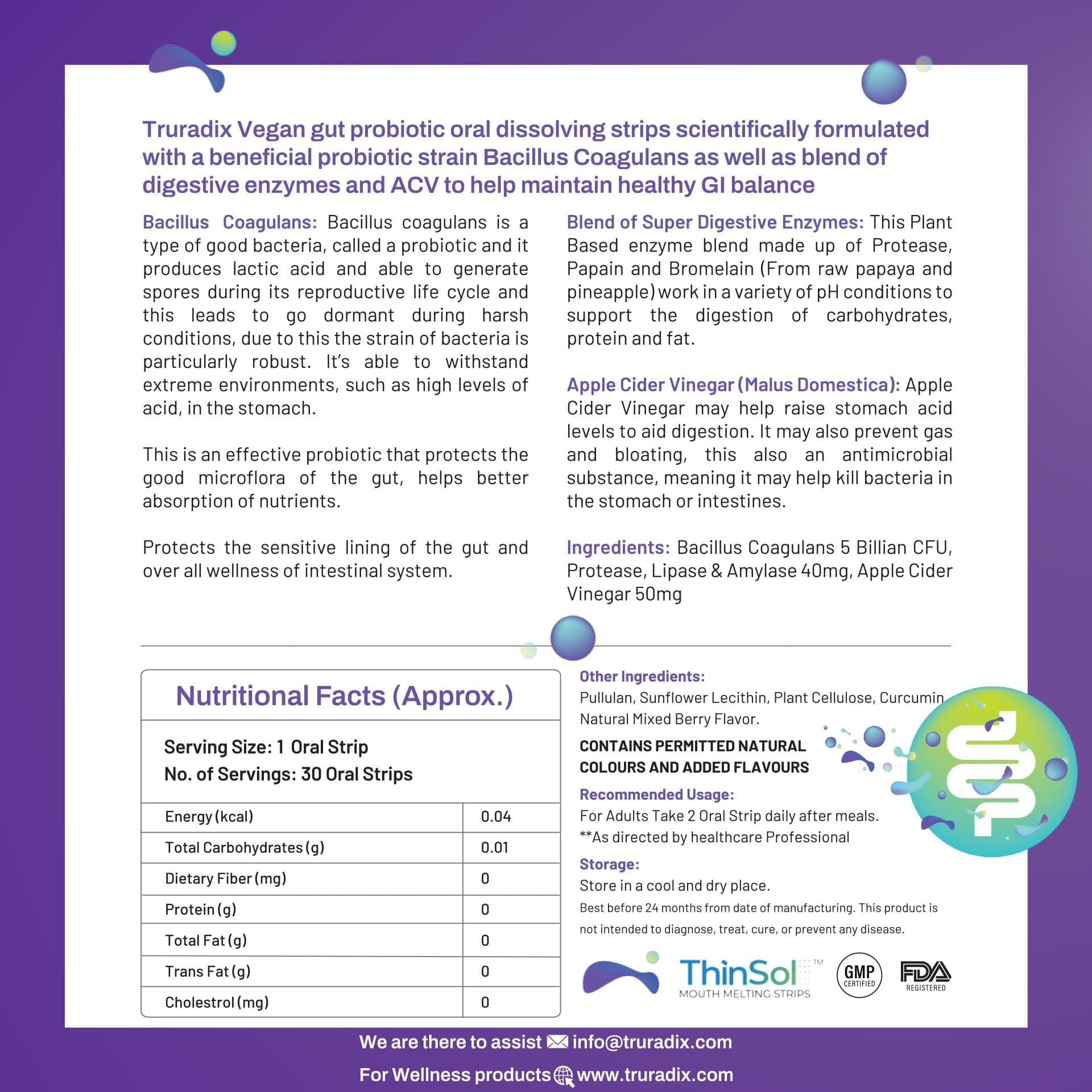 TruRadix Probiotic Oral Strips – 10-Pack Gut Health Oral Dissolving Strips – Probiotics Supplement with Bacillus Coagulans 5 Billion CFU, Digestive Enzymes, Probiotic Melts for Bloating, Acidity