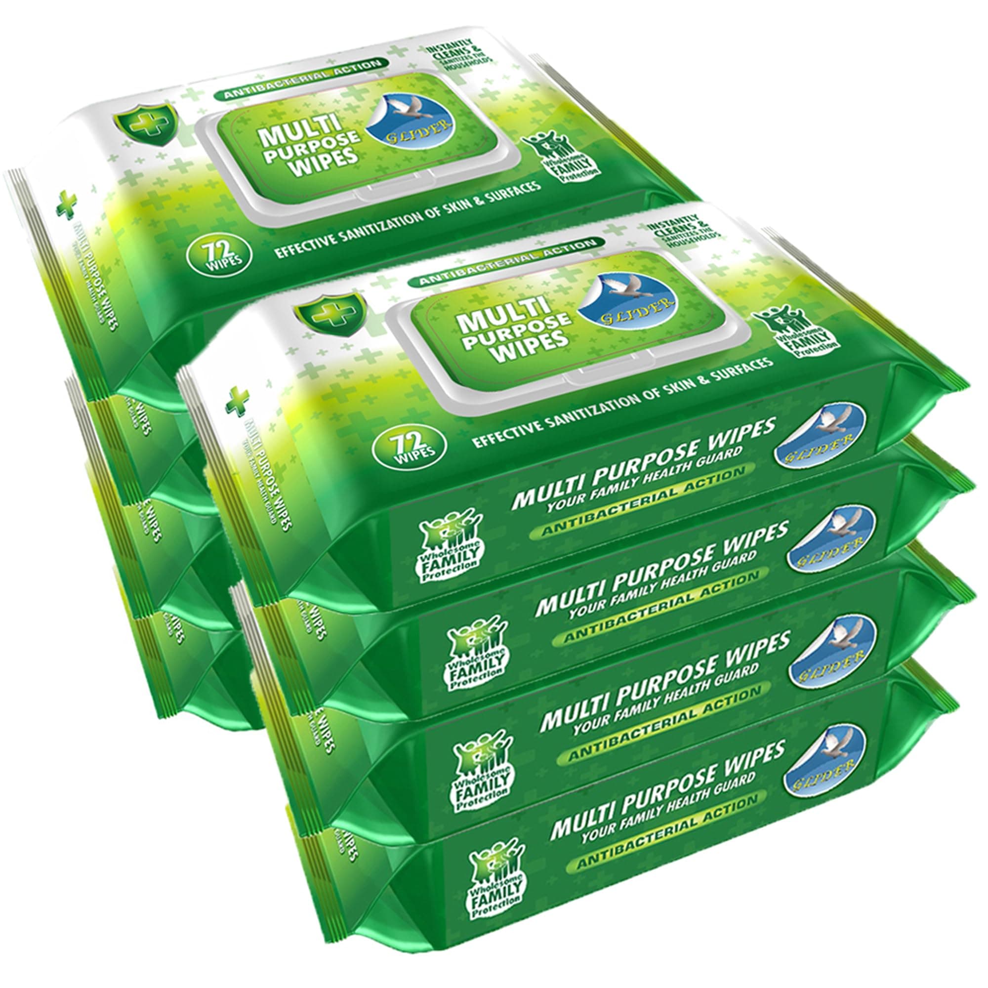 Glider Multipurpose Skin and Surface Wipes with Flip-Top | Gentle & Effective Cleansing for Hands & Surfaces | (Pack of 8 – 576 Wipes)