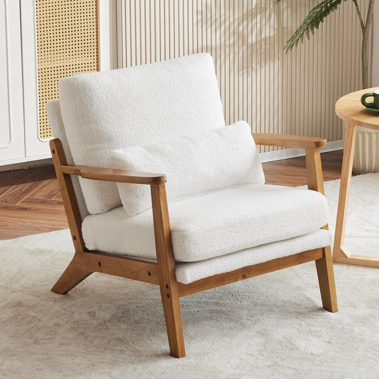 MAYOOR ART Mid-Century Accent Relax Chair – Wide Armrest Lounge Chair with Linen Fabric with Lumbar Pillow & Solid Wood Frame for Living Room, Bedroom or Outdoors