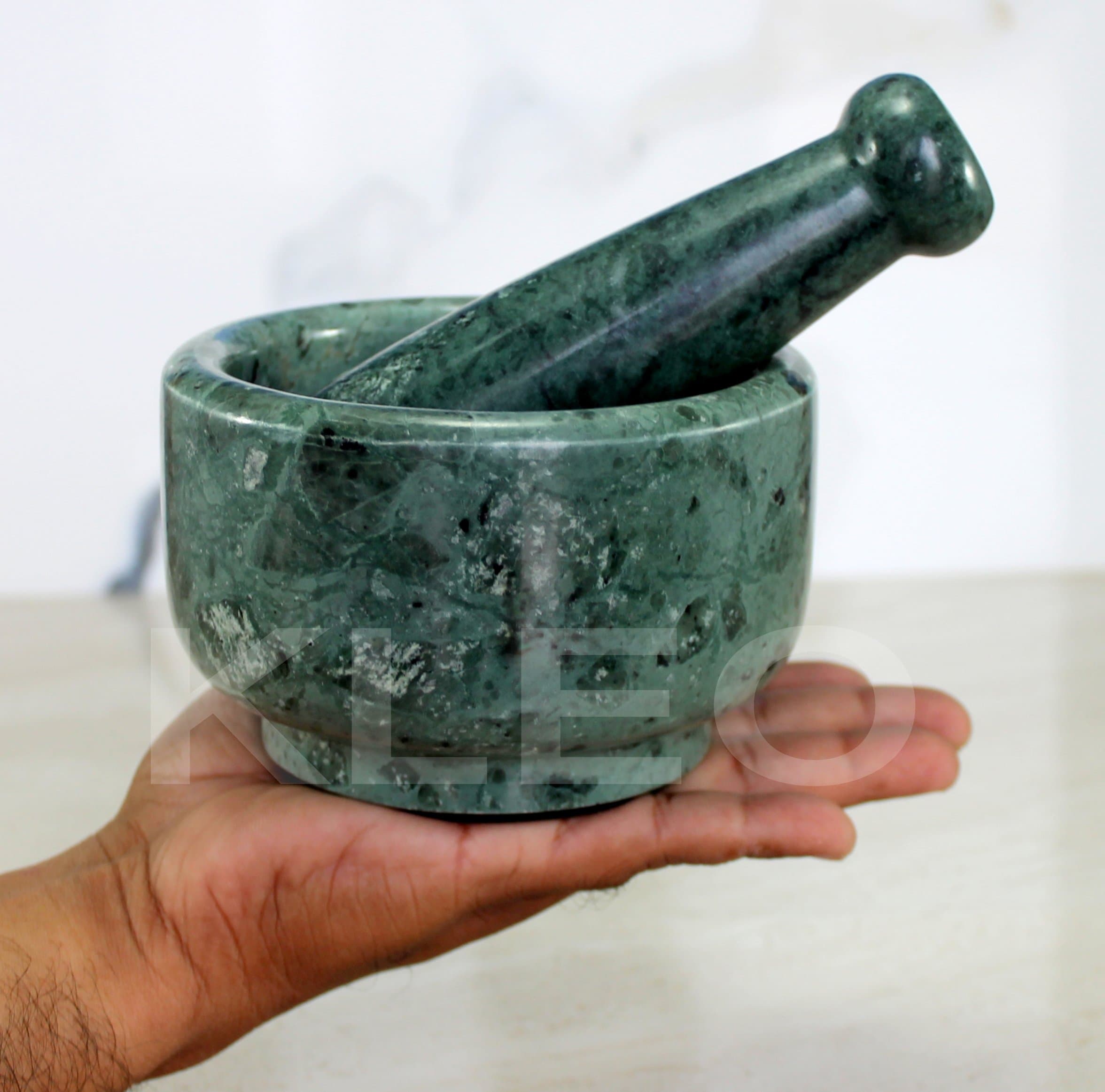 KLEO 5-Inch Width Natural Stoneware Mortar and Pestle Set, Green
