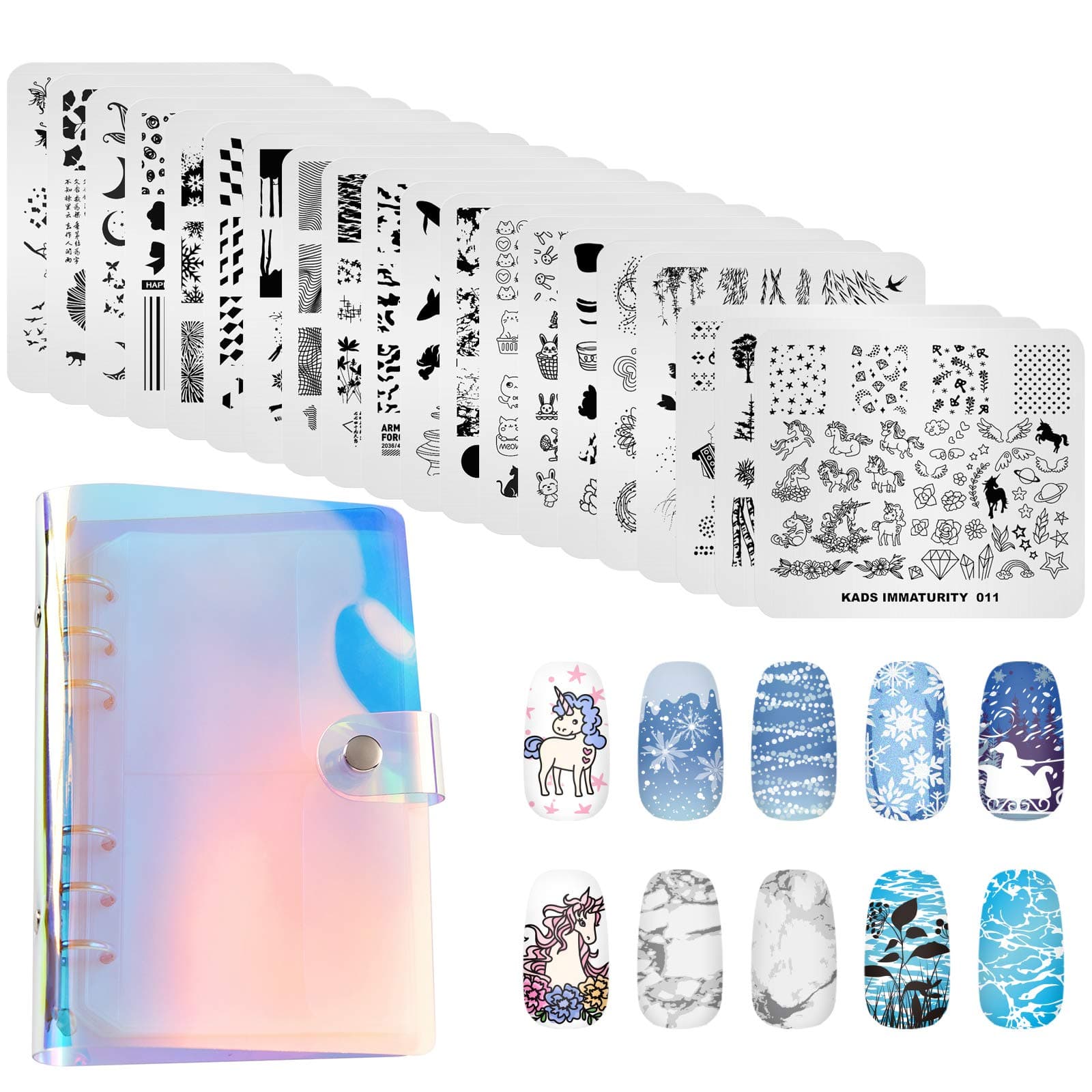 KADS 20Pcs Nail Stamping Plates Set Christmas Nail Templates with 1 Laser plates Organizer Holder