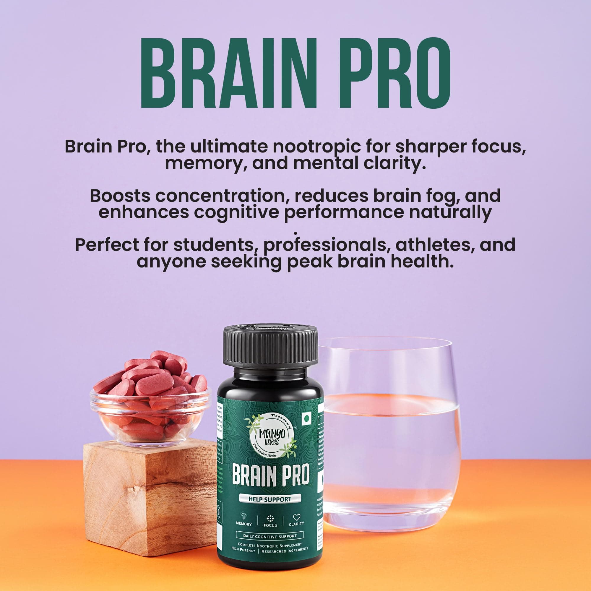 MANGO HERBS Brain Pro | Brahmi, Shankhapushpi, Ginkgo Biloba, Malkangani, Jatamansi, Vacha & Gotu Kola | Supports Focus, Memory & Mental Clarity | 60 Tabs