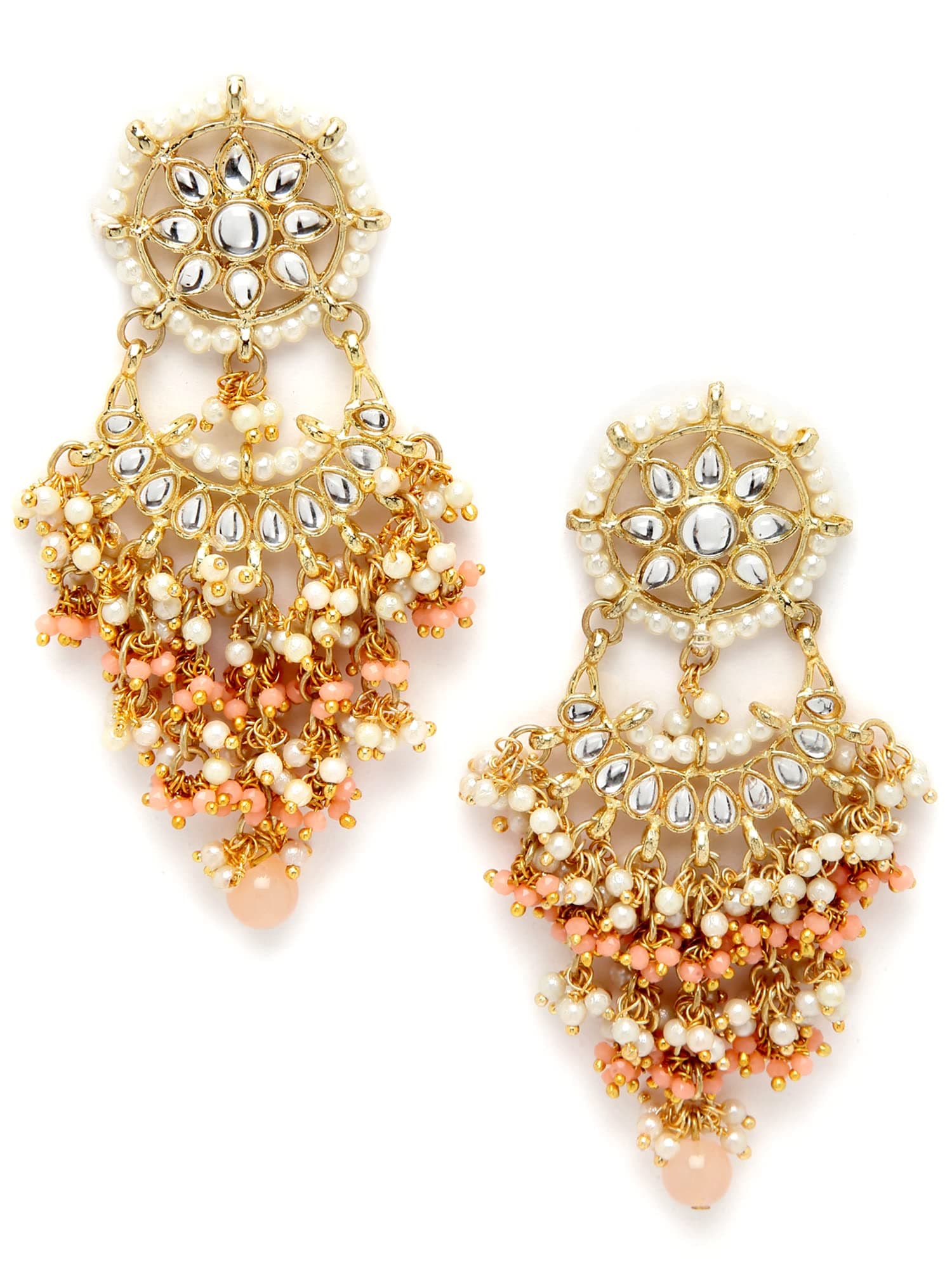 Karatcart Peach Crystal and Pearl Kundan Dangler Earrings for Women