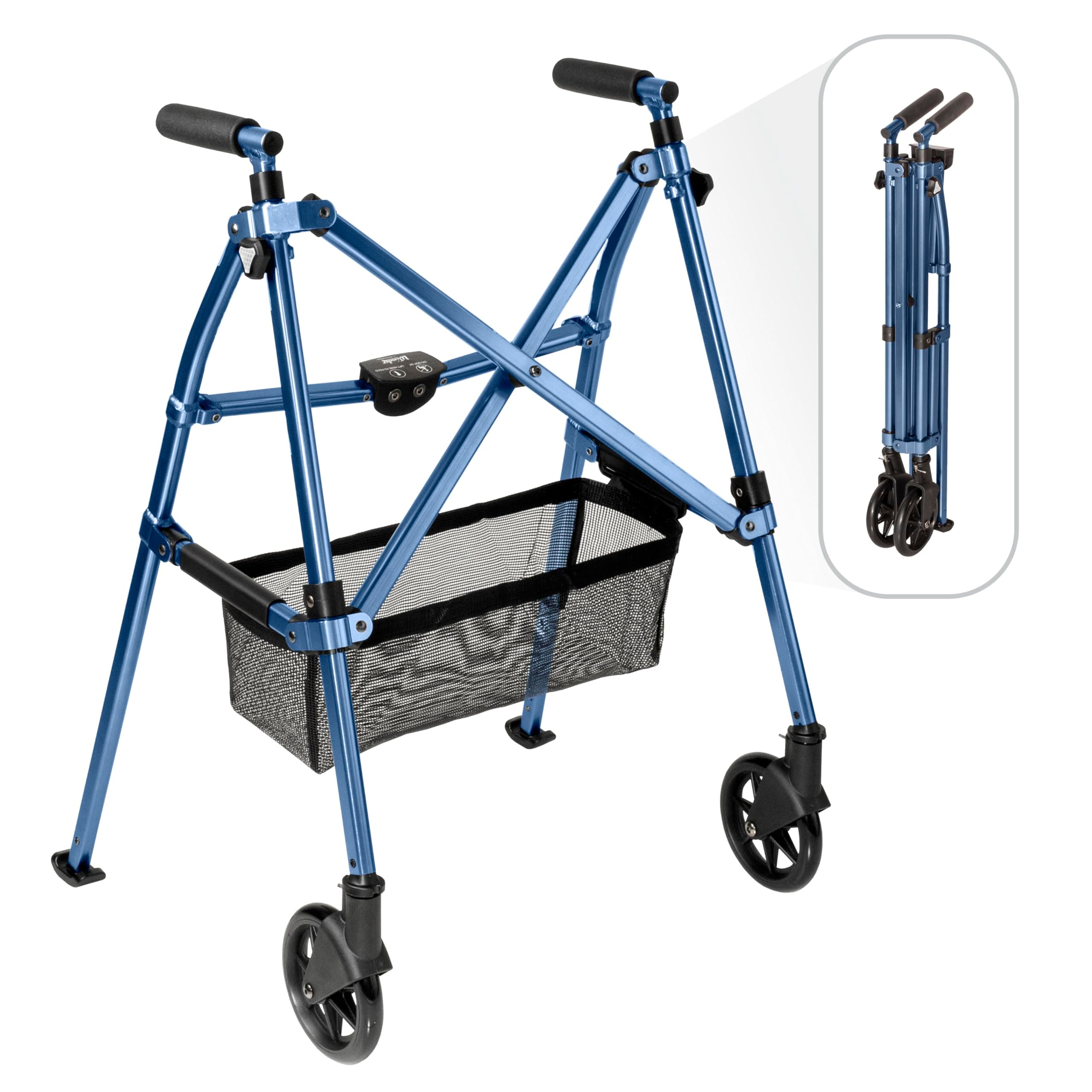 Stander EZ Fold-N-Go Walker, Lightweight Folding 2 Wheel Travel Walker for Seniors with Swivel Wheels, Cobalt Blue