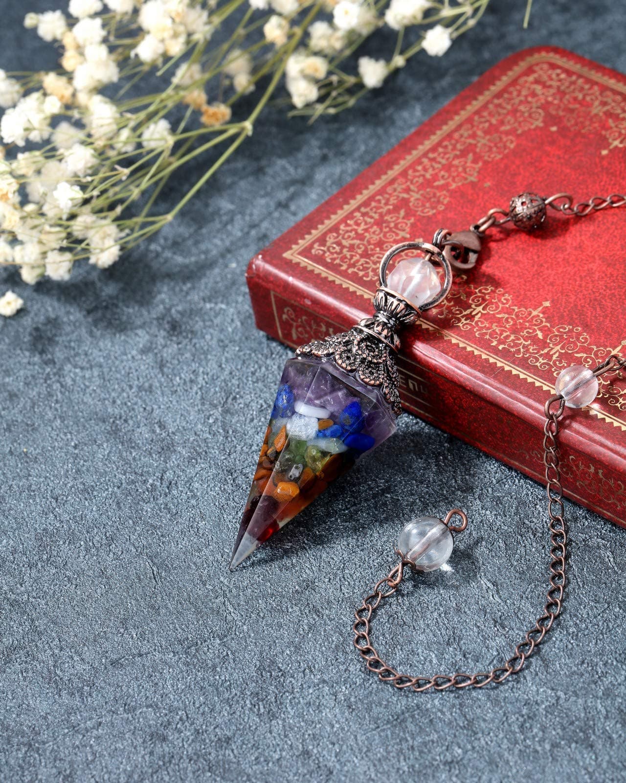Jovivi 7 Chakra Stone Necklace 6 Facet Natural Crystal Point Pendant for Divination Dowsing Balancing Spiritual Resin Pendulums Necklace