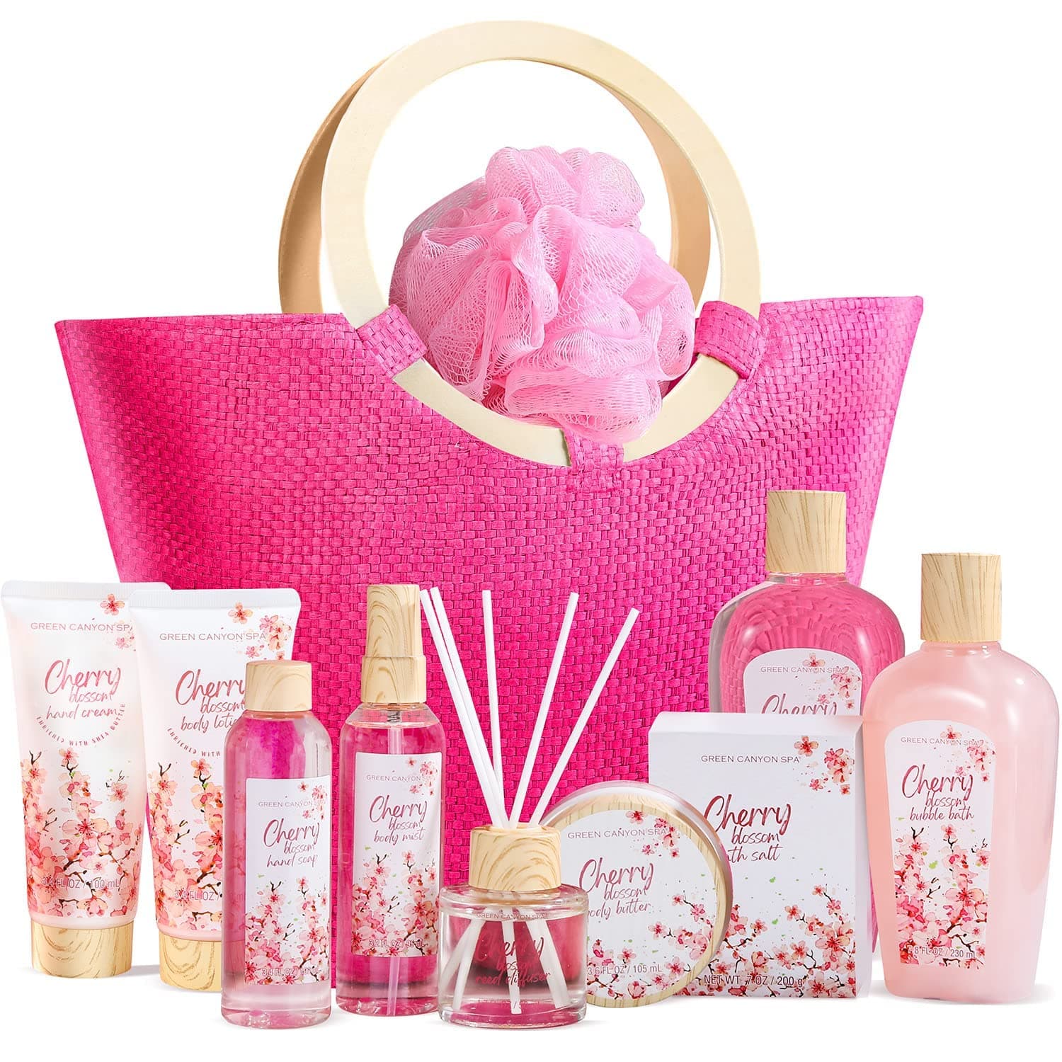 Bath Gift Sets for Women- Luxury 11pcs Spa Gift Baskets with Cherry Blossom Scent Shower Gel, Body Lotion, Reed Diffuser and More in Pink Tote Bag, Great Women Gift Idea for Birthday Christmas
