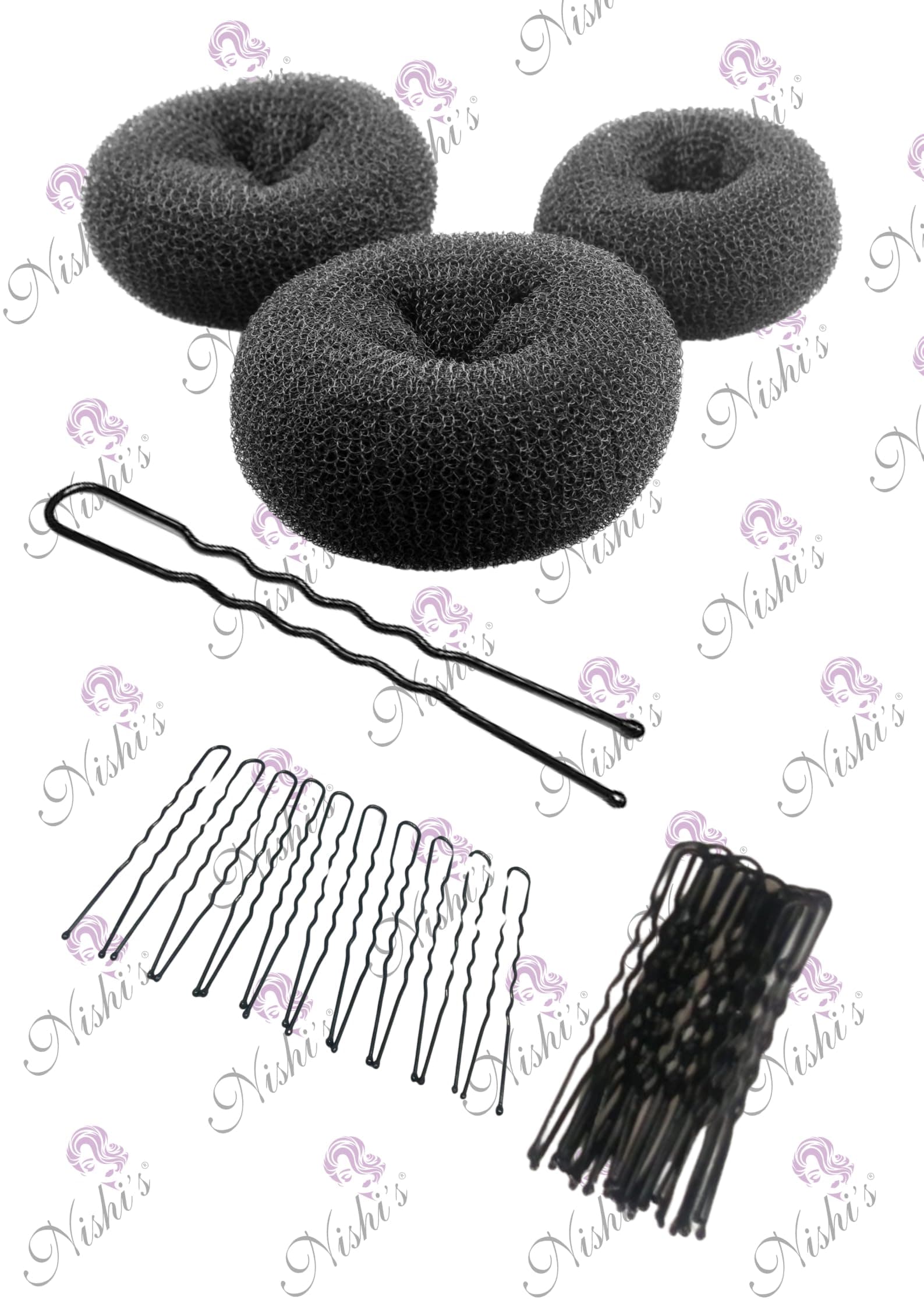 Nishi's® Combo Hair Donut Bun Maker And Juda Pins (DonutJudaP-3(30), Hair Styling Tools Hair Donut Bun (Two Medium And One Small Size) With U-Pins (30 Pcs - 6Cm)