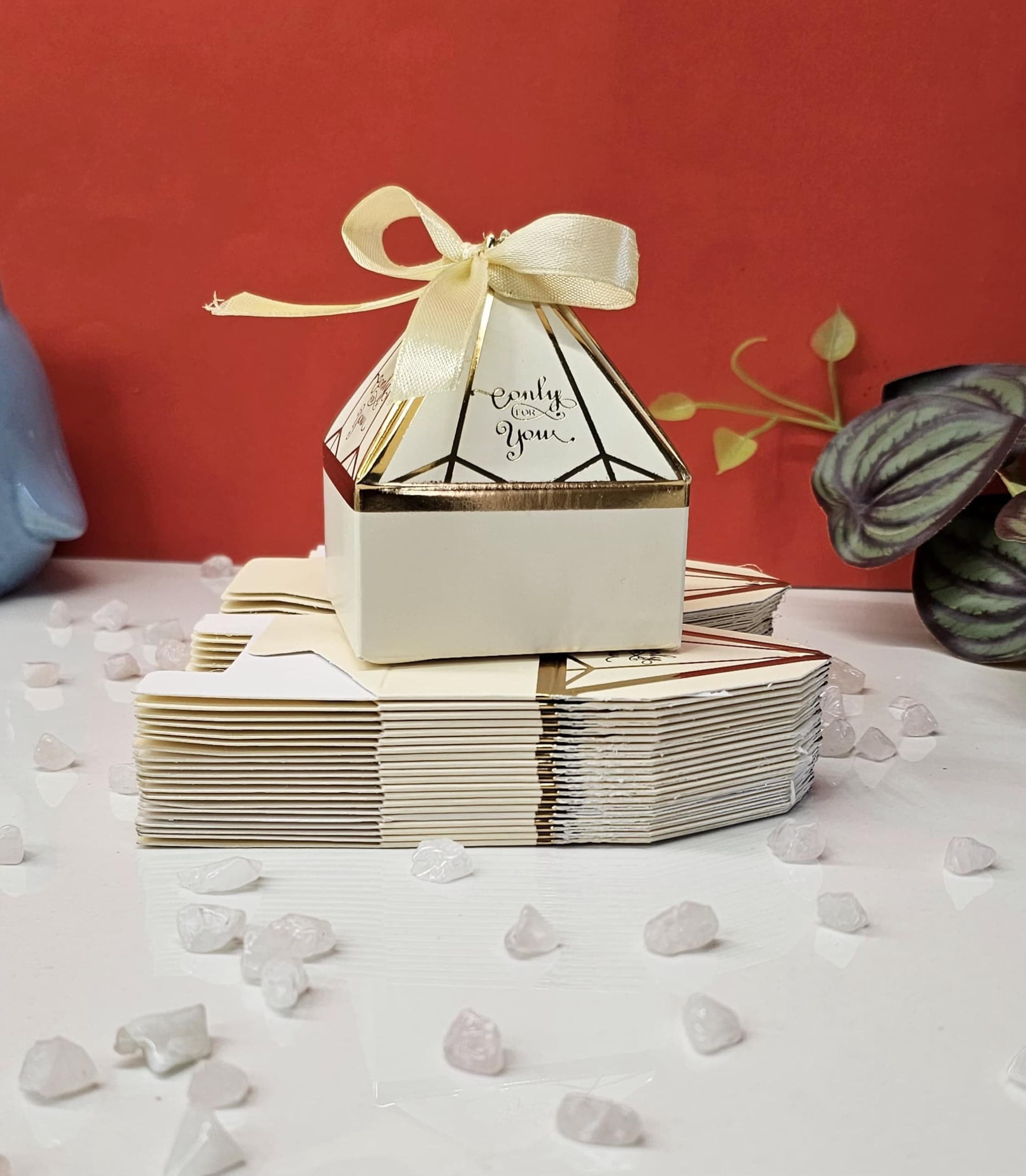 SATYAM KRAFT Pcs Small Diamond Shape Paper Folding Gift Boxes with Ribbon | Premium Return Gift for Wedding, Birthday, Engagement, Baby Shower, Chocolate & Dry Fruit Packaging