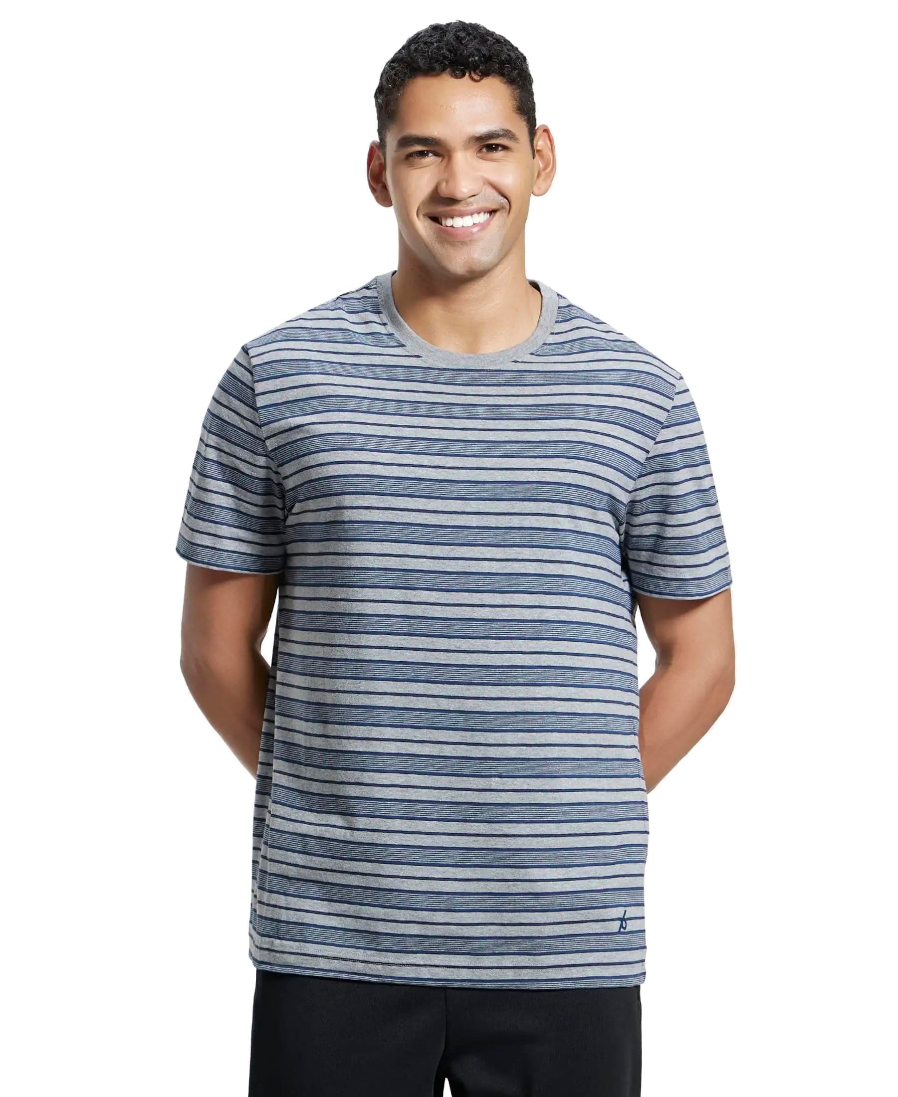 Jockey Men's Regular Fit Striped Round Neck Half Sleeved T-Shirt 2717_Mid Grey & Insignia Blue_S