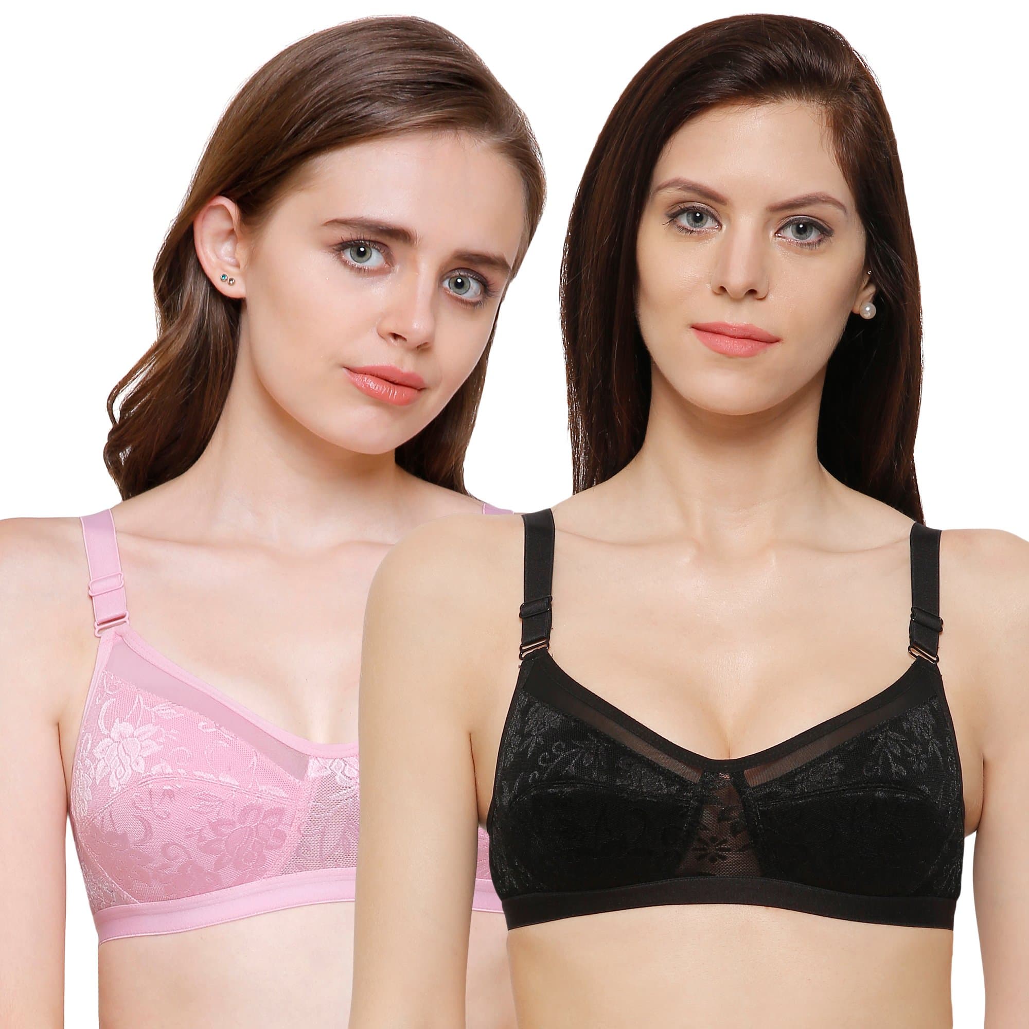 INKURV Non-Padded Full Coverage Bra for Women with Cotton Blend Lining | Stylish and Stretchable Net Design | Fancy and Soft Bra for Women Daily use | Combo of 2 (Black_Pink_38B)