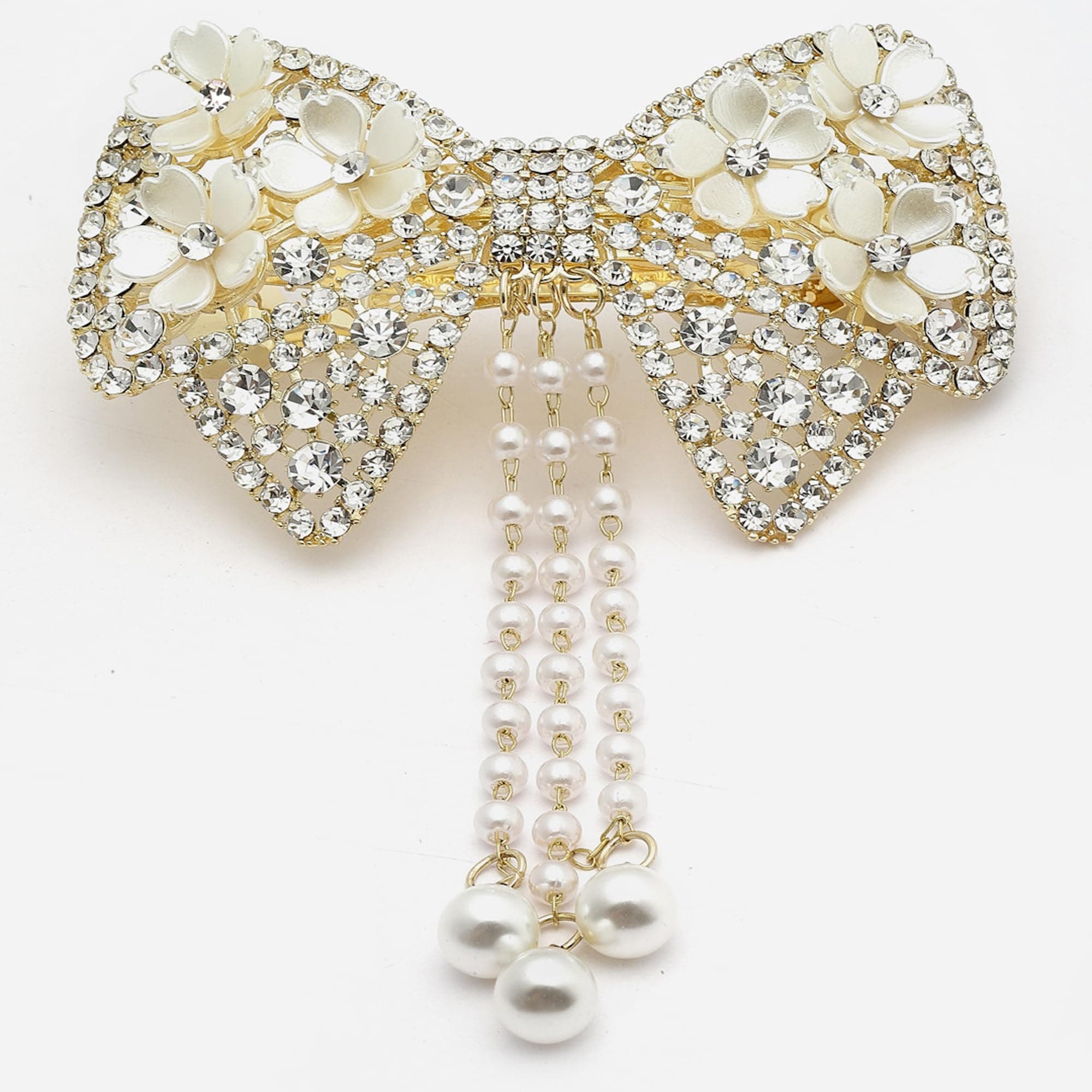 PANASH Gold Plated Bow Hair Clip with Pearl Tassels & CZ Stones – Premium French Barrette for Women, Elegant Bridal Hair Accessory for Wedding, Party & Festivel Wear