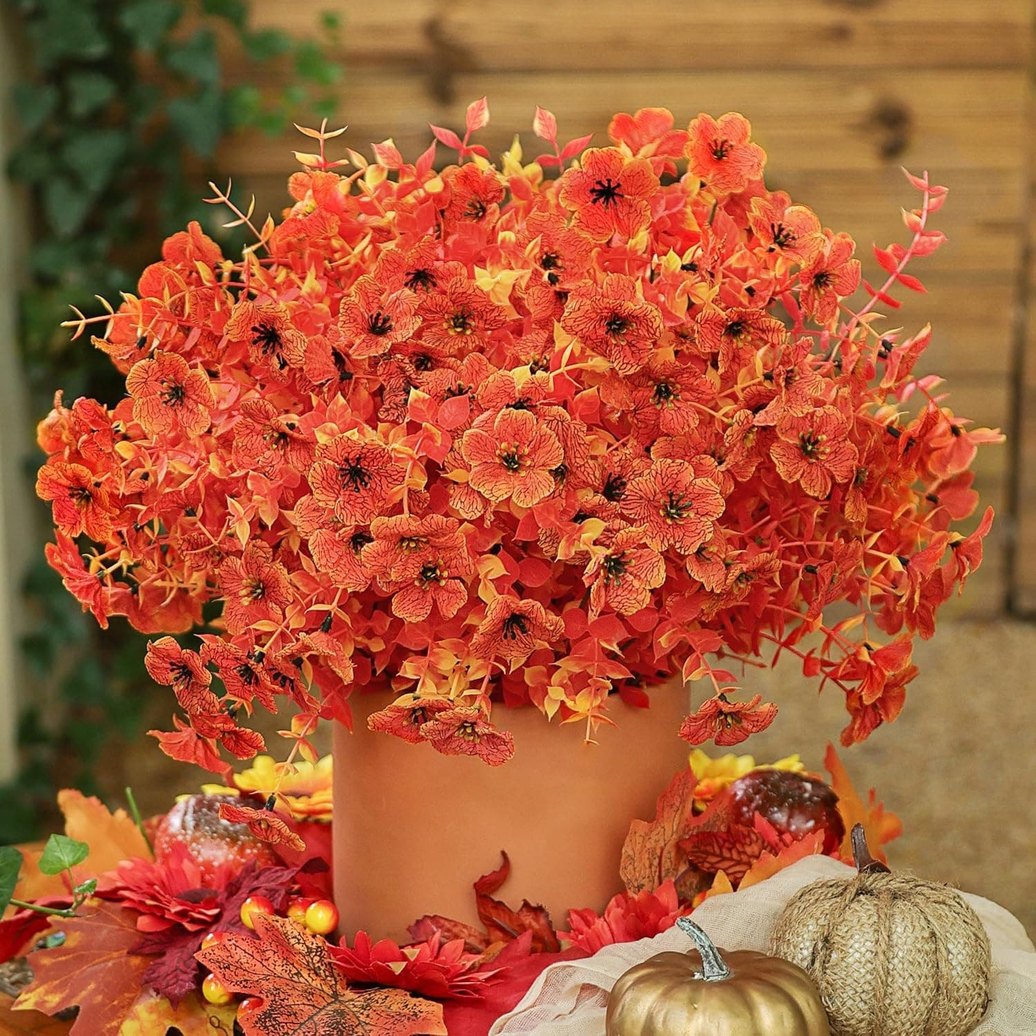 TIED RIBBONS Set of 5 Artificial Eucalyptus Flower Bunch (Orange, 14.1 Inch) - for Vase Pot Home Décor, Living Room, Office, Wedding & Party Gifting Item (Vase not Included)