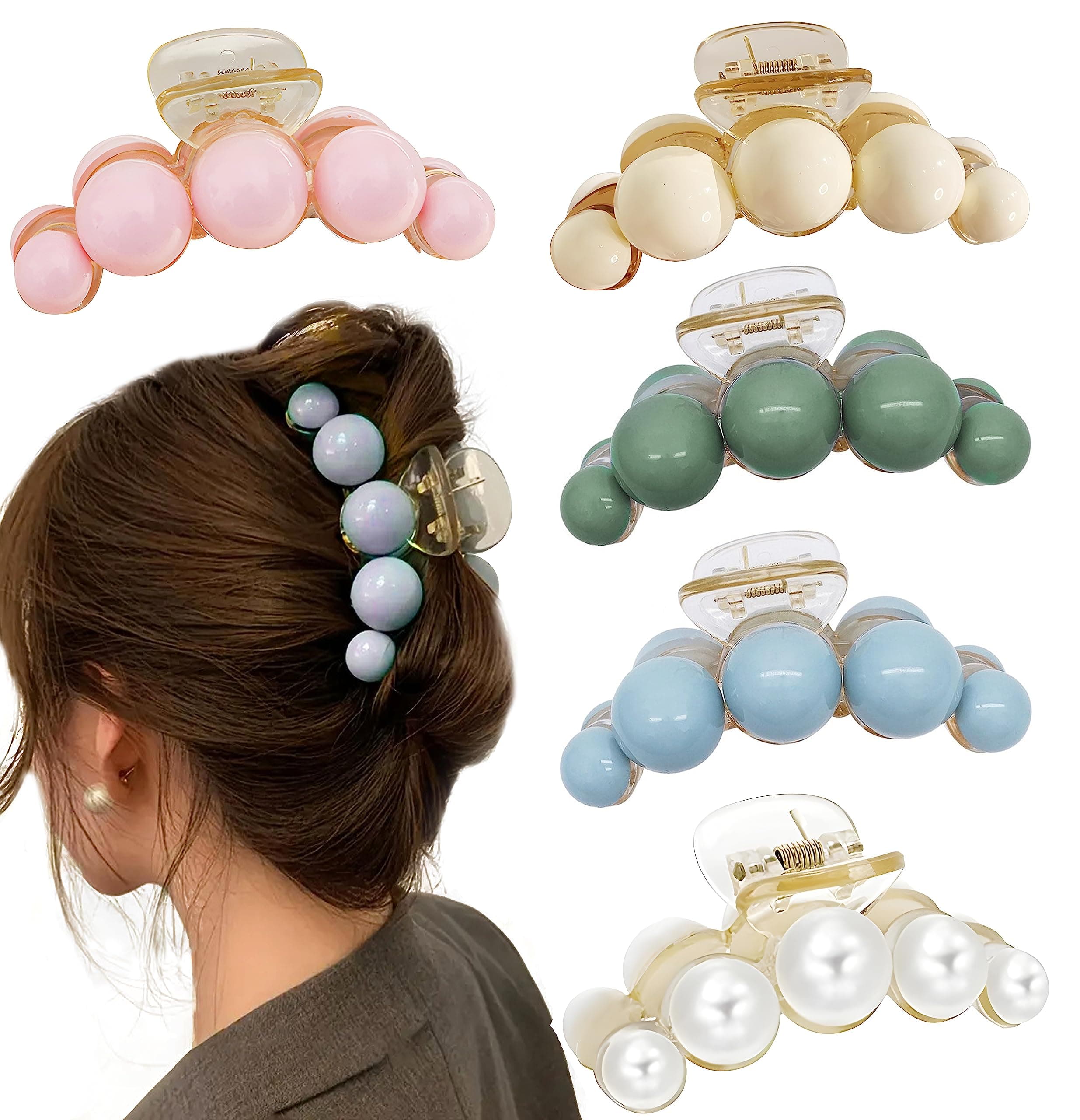 ANNACREATIONS 5 Pcs Korean Fashionable Fancy Stylish Large Big Pearl Hair Claw Clips Long Hair Jaw Clips Clutches Barrettes Hair Accessories for Women and Girls