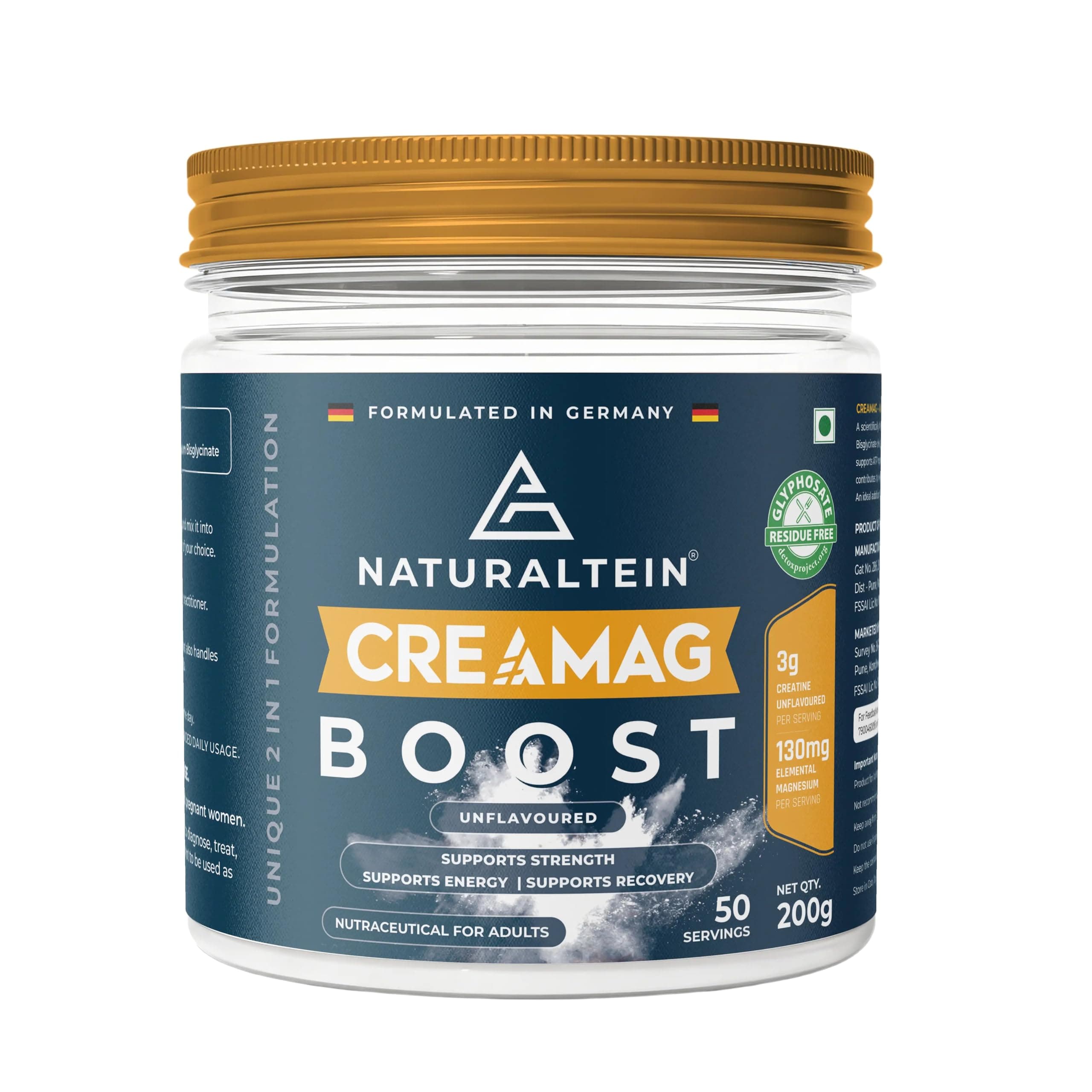 Naturaltein CreaMag Boost | India’s First Creatine + Magnesium Bisglycinate Formula | 3g Creatine Monohydrate & 130mg Elemental Magnesium Per Serving | Glyphosate Residue Free | Supports Strength, Energy & Recovery | Unflavoured | 200g (50 Servings)