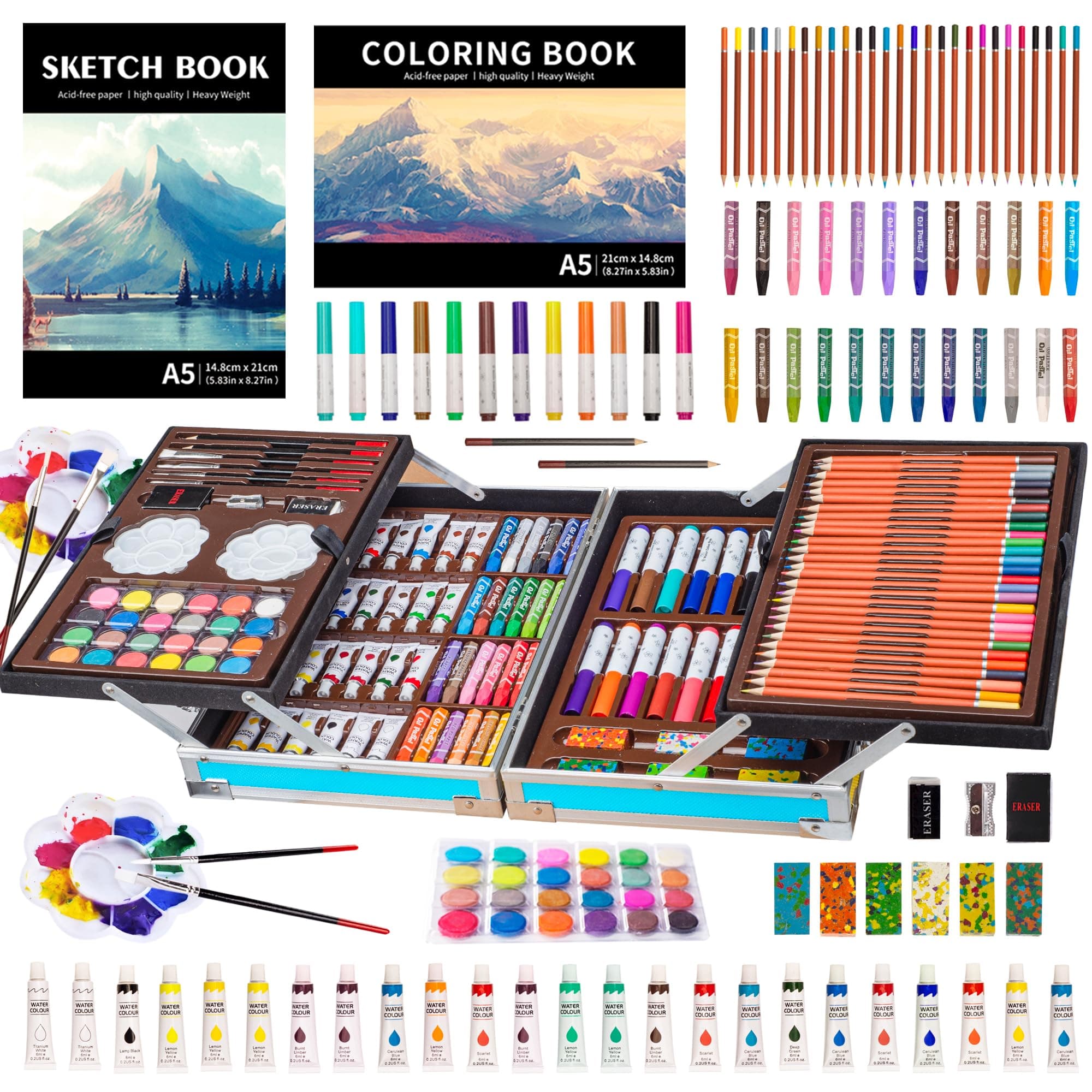 KINSPORY 137 PCS Portable Inspiration & Creativity Coloring Art Set Deluxe Painting & Drawing Supplies with Aluminum Alloy Box
