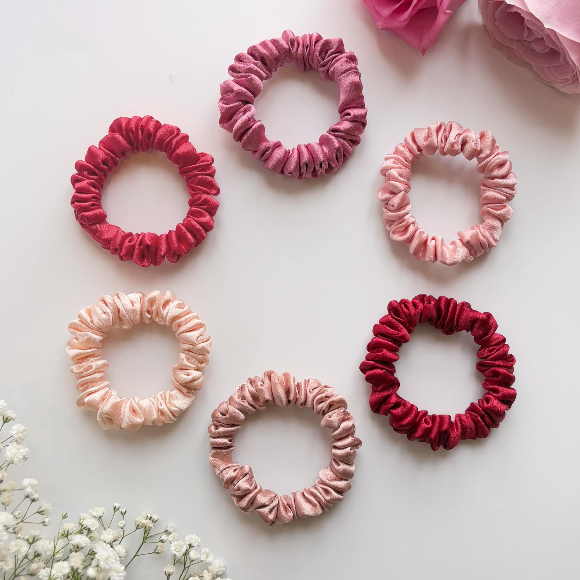 SILVR BEAR Luxury Satin Skinny Scrunchies For Women/Girls - Same 6 Colors As Pic, 𝗔𝗻𝘁𝗶-𝗛𝗮𝗶𝗿-𝗕𝗿𝗲𝗮𝗸𝗮𝗴𝗲, Hair Ties, Slim Scrunchies Set For Girls (Skinny Rose Collection)