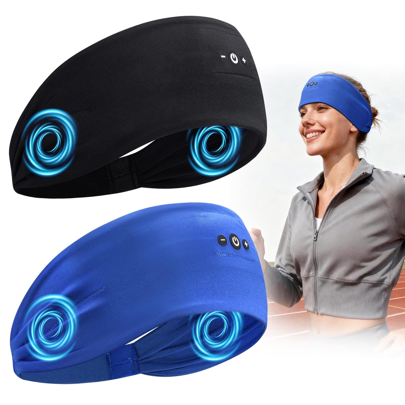 BULYPAZY 2PCS Sleeping Headphones, Headband Headphones with HD Stereo Speakers, Bluetooth Headband for Sports, Running, Workouts, Yoga, Travel, Gift - Black&Blue